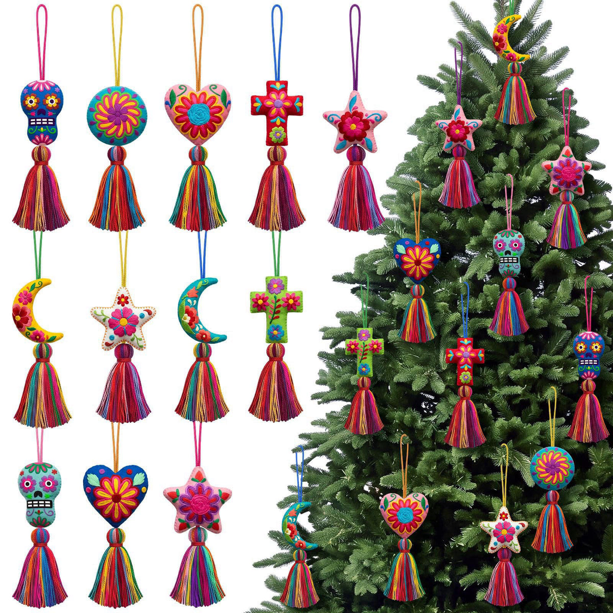 HunnmingRe 12/24 Pcs Mexican Embroidered Keychain Ornaments Artisan Gift – Colorful, Cotton