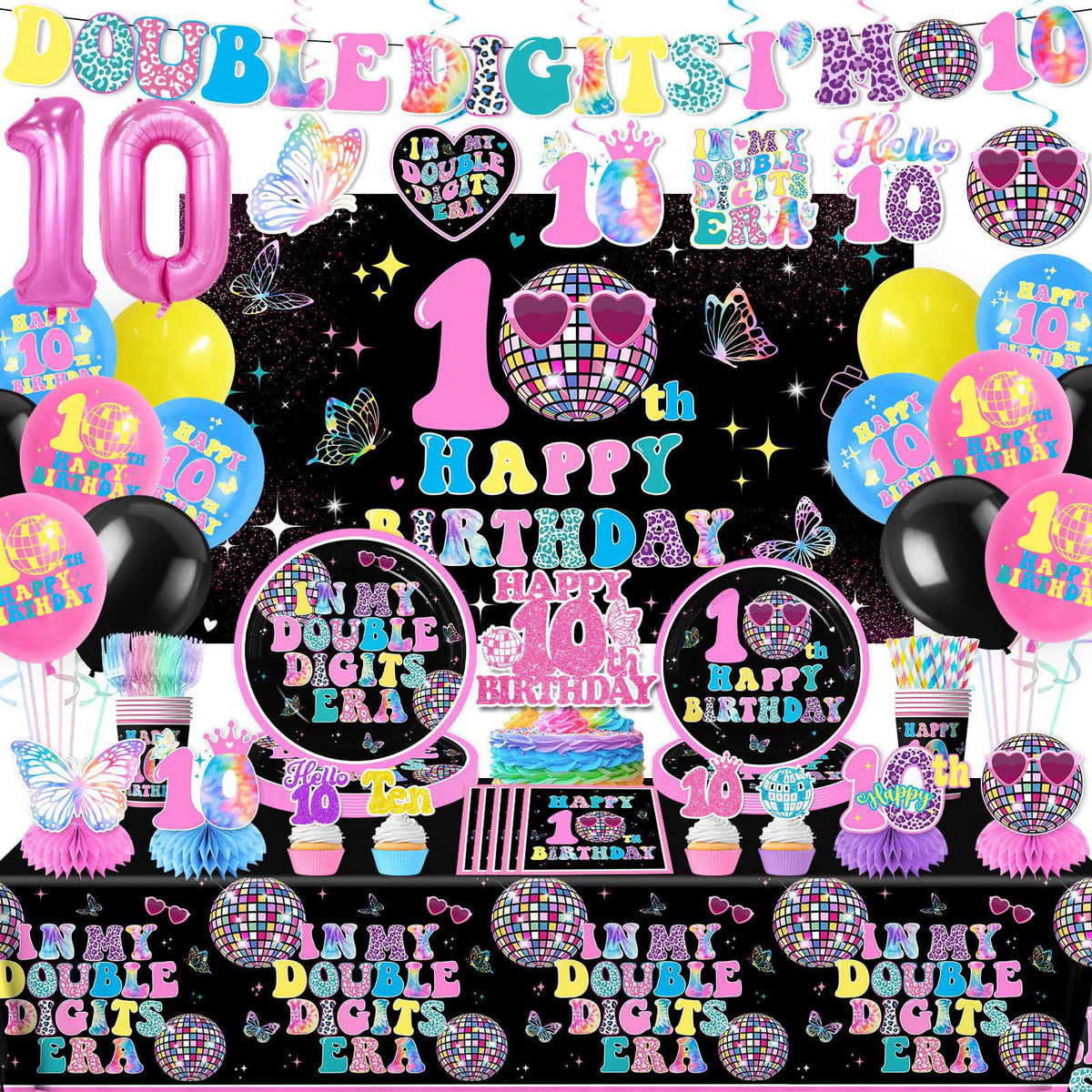 Gexlaju 10th Birthday Decorations for Girl,198pcs Double Digits Birthday Girl Plates and Napkins Cups Tablecloth Banner 