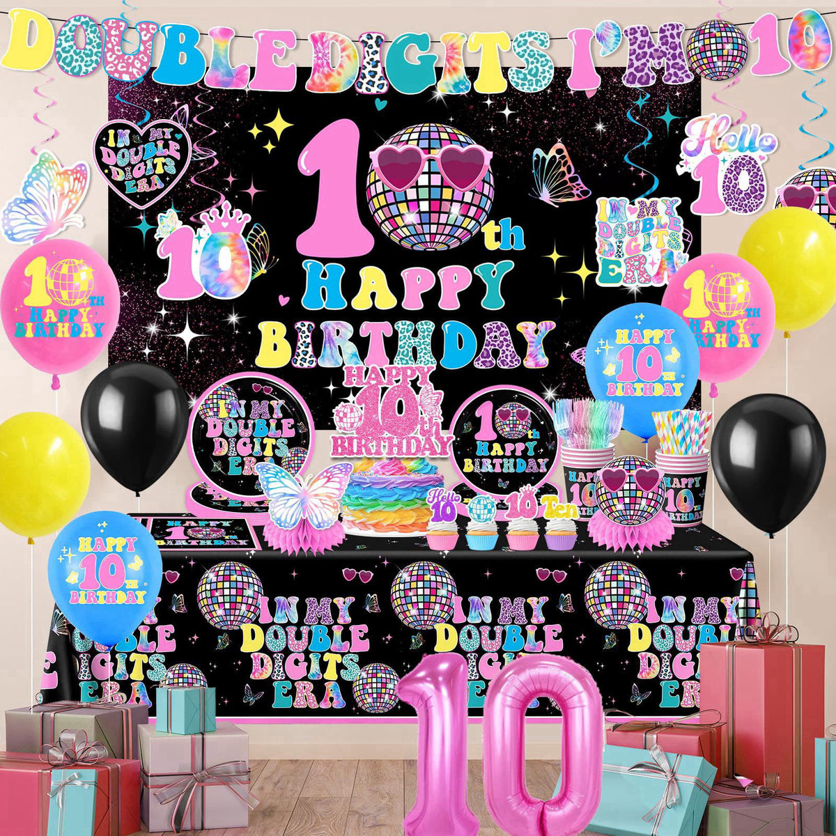 Gexlaju 10th Birthday Decorations for Girl,198pcs Double Digits Birthday Girl Plates and Napkins Cups Tablecloth Banner 