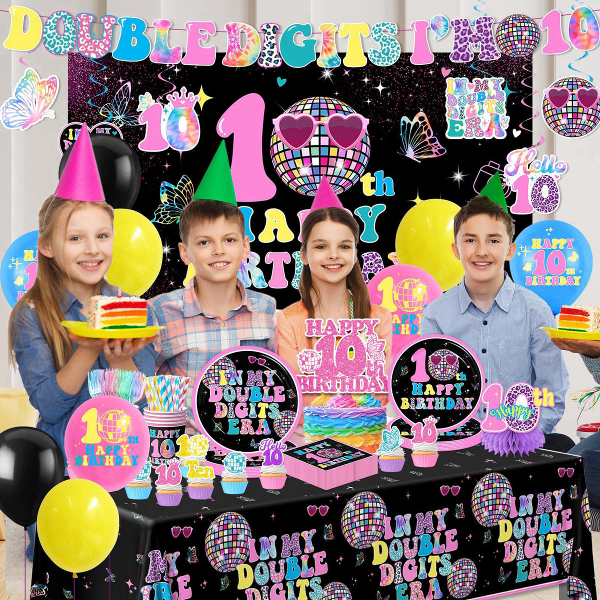 Gexlaju 10th Birthday Decorations for Girl,198pcs Double Digits Birthday Girl Plates and Napkins Cups Tablecloth Banner 