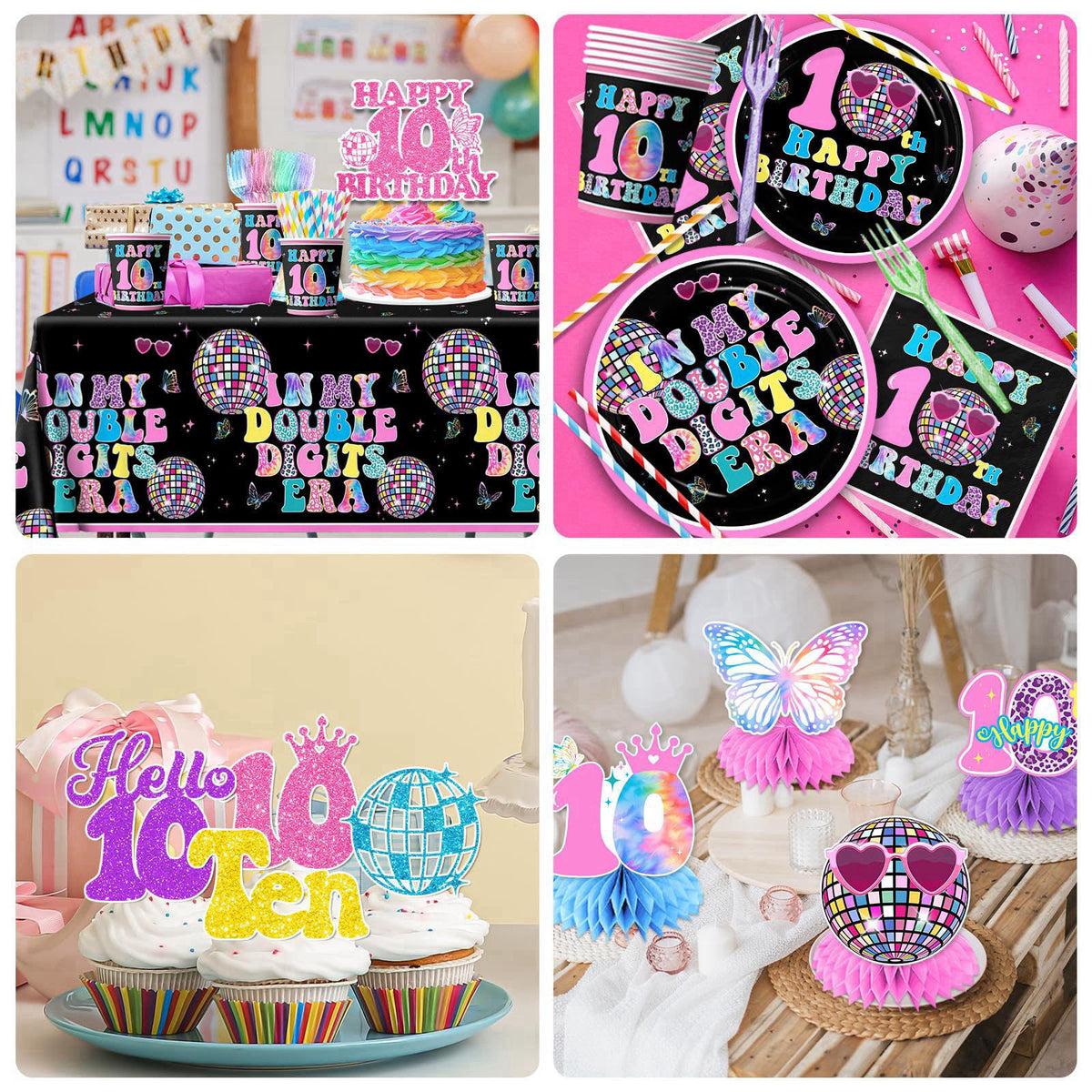 Gexlaju 10th Birthday Decorations for Girl,198pcs Double Digits Birthday Girl Plates and Napkins Cups Tablecloth Banner 