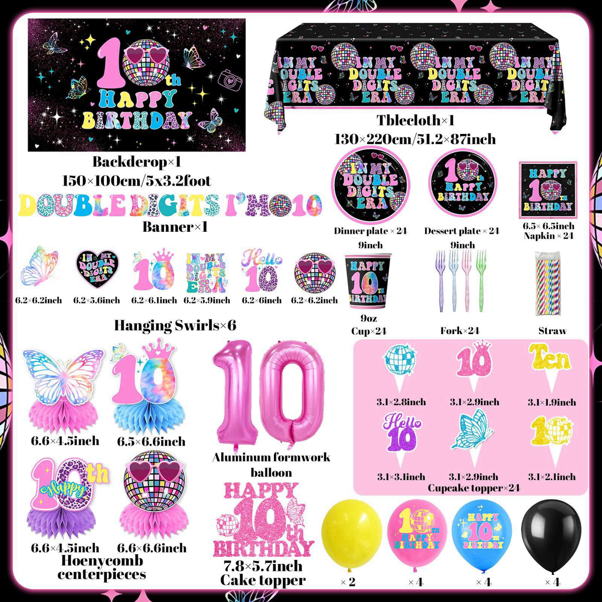 Gexlaju 10th Birthday Decorations for Girl,198pcs Double Digits Birthday Girl Plates and Napkins Cups Tablecloth Banner 