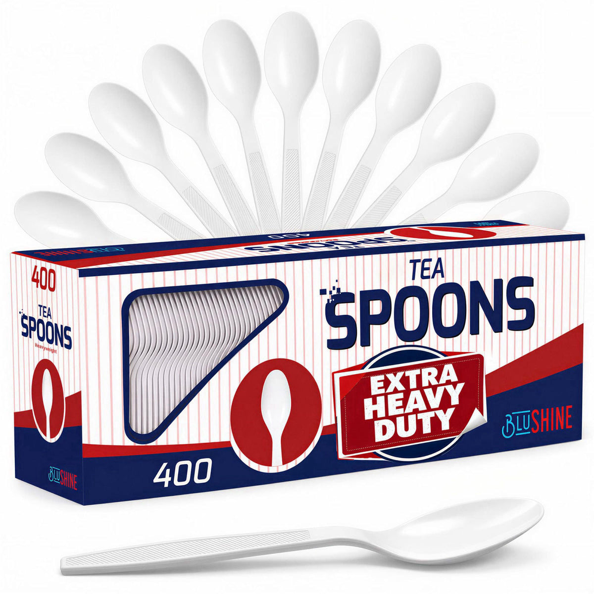 BluShine Extra Heavy Duty Plastic Teaspoons, Disposable Bulk Utensils – White, Polystyrene Plastic