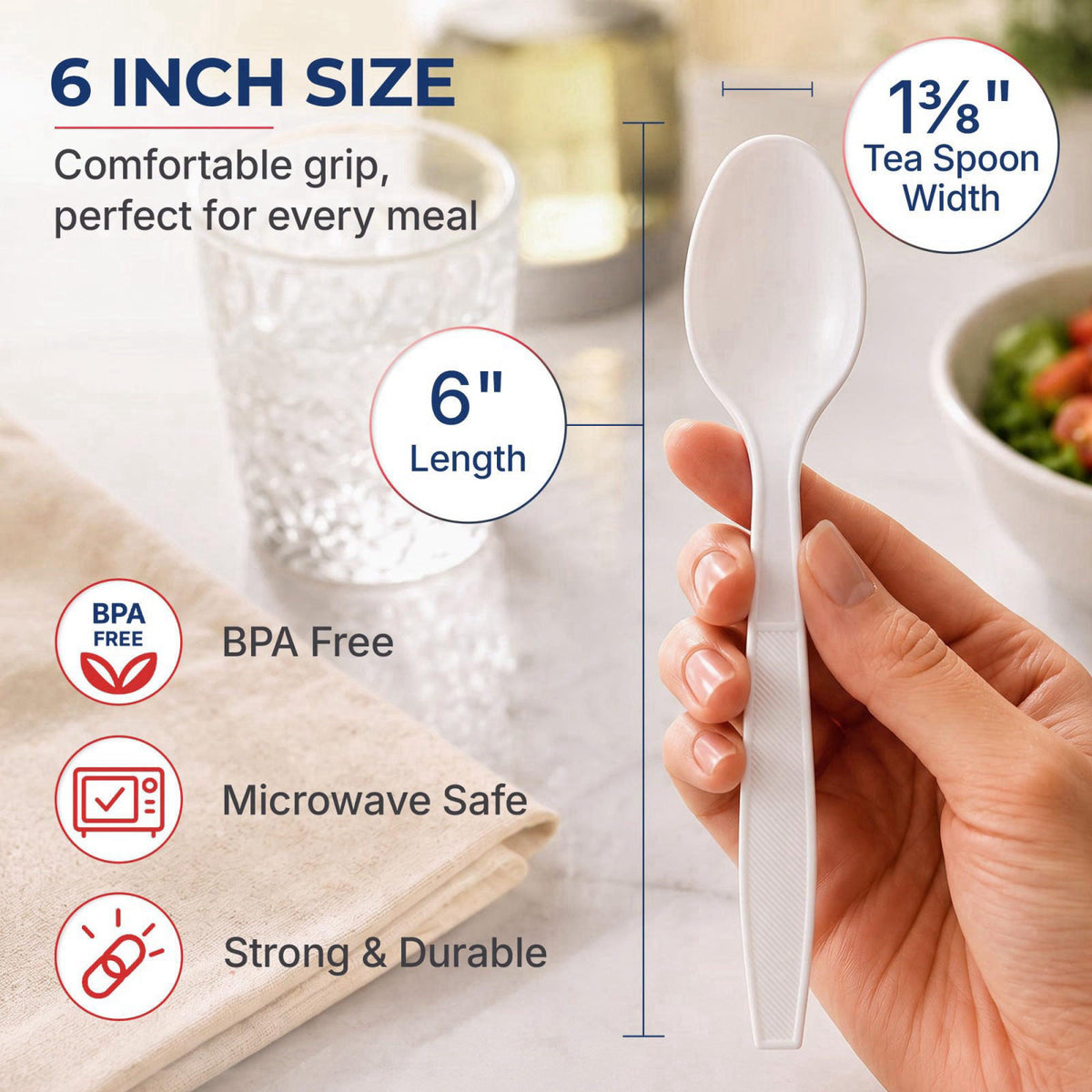 BluShine Extra Heavy Duty Plastic Teaspoons, Disposable Bulk Utensils – packaging and label