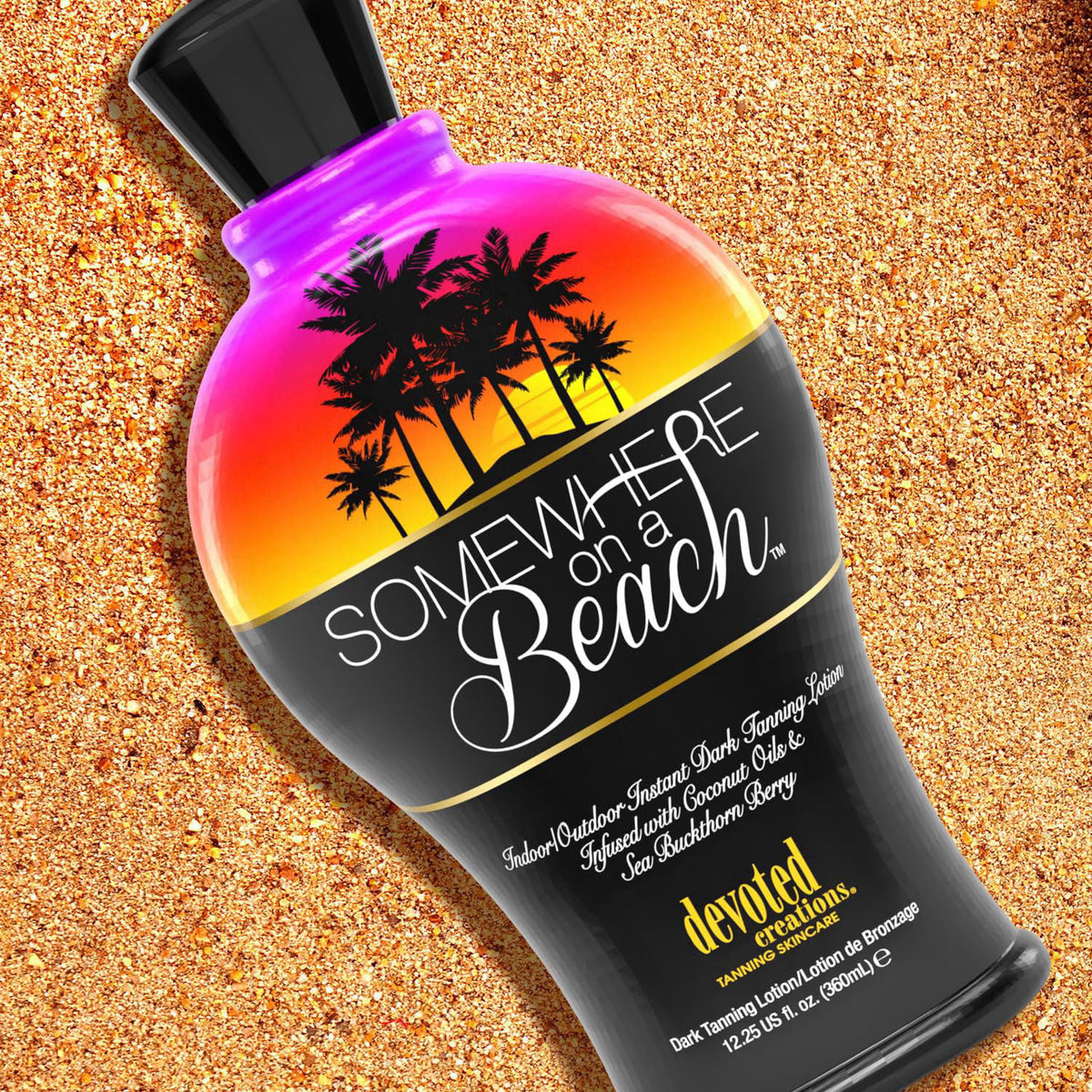 Devoted Creations Somewhere on a Beach, Indoor Outdoor, Instant Dark Tanning Lotion 12.25 Ounce – packaging and label