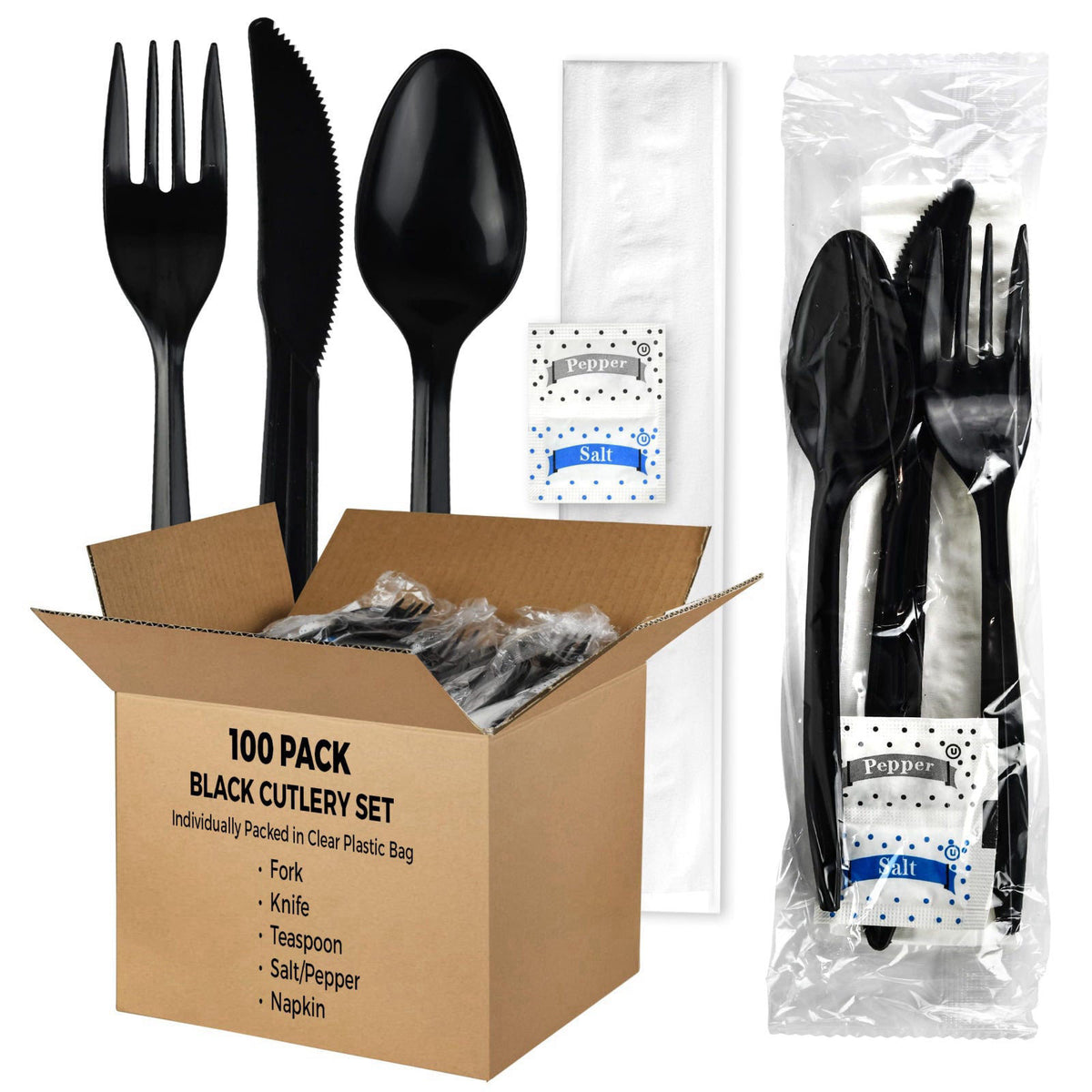 KitchenDine 100 Pack Medium Weight Wrapped Black Plastic Cutlery Pack with Napkin and Salt/Pepper Packets (Black) – back