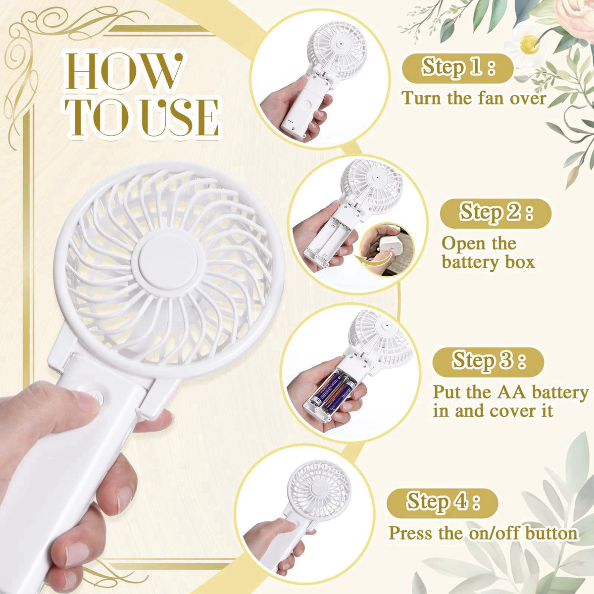 Glooglitter 10 Pcs Handheld Mini Fans Bulk for Wedding Favor,Classic – packaging and label