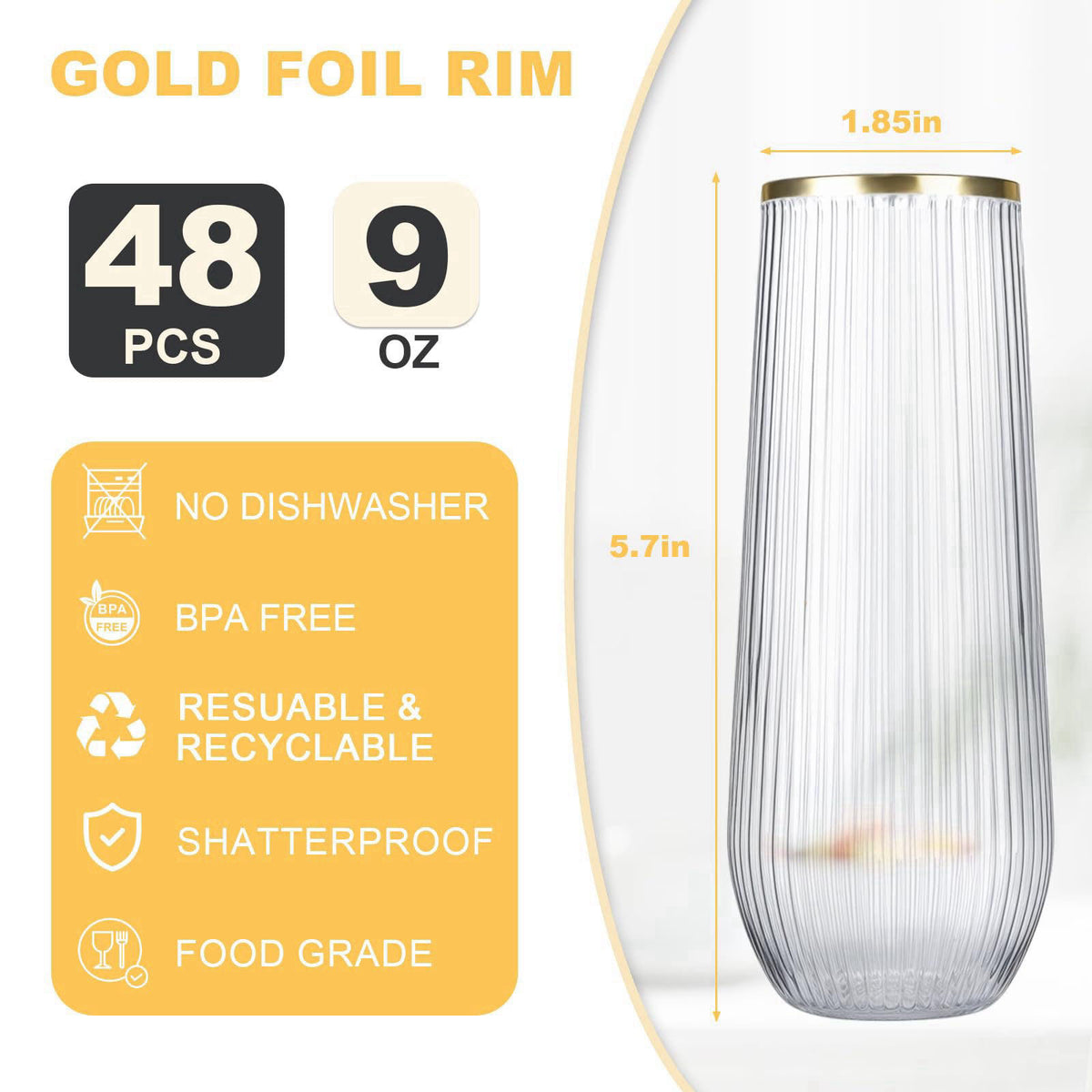 JoyGletss 48 Pack Ribbed Plastic Champagne Flutes Glasses Stemless With Gold Rim 9OZ – close-up detail