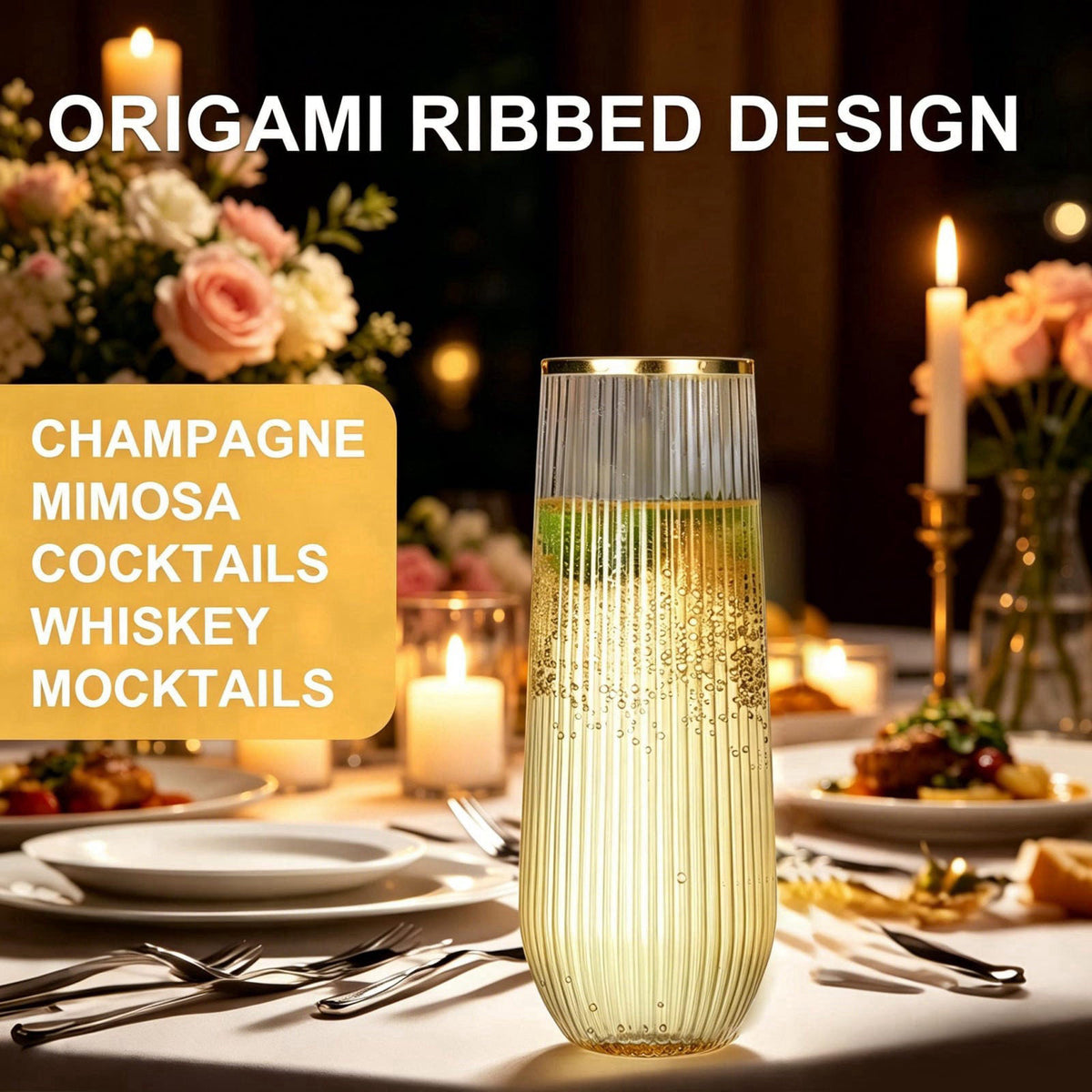 JoyGletss 48 Pack Ribbed Plastic Champagne Flutes Glasses Stemless With Gold Rim 9OZ – full view