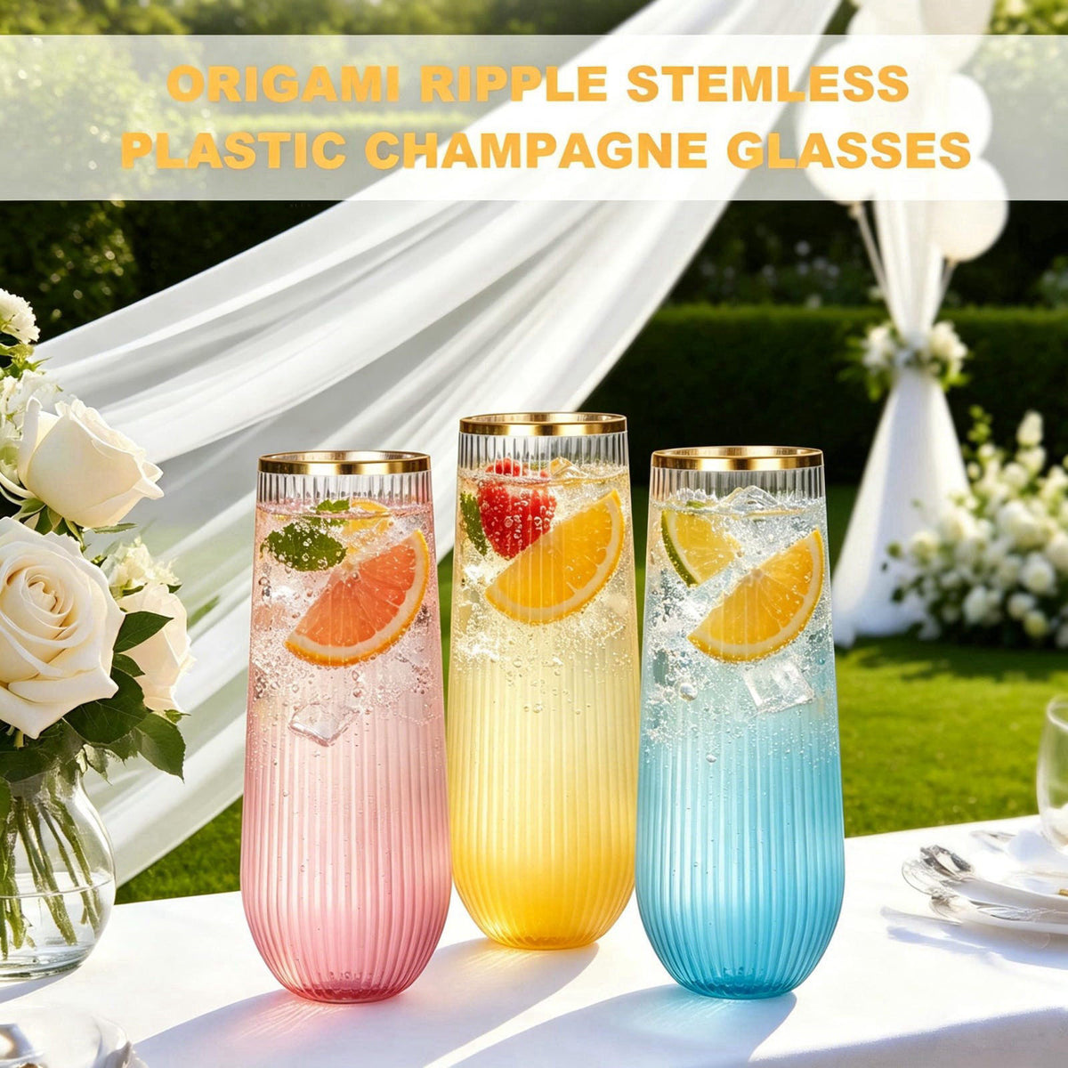 JoyGletss 48 Pack Ribbed Plastic Champagne Flutes Glasses Stemless With Gold Rim 9OZ – alternate angle