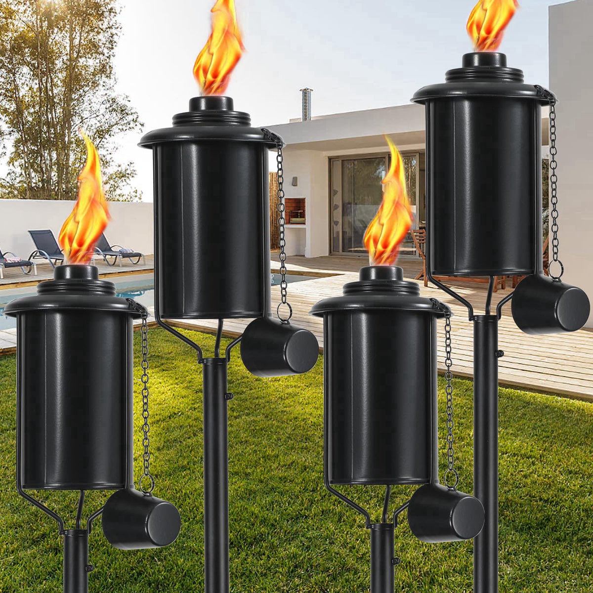 ZSMAIKU Home Garden Torches for Outside Set of 4, 16 OZ Outdoor Metal Torch Garden Torches for Outside 59 Inches, Citron