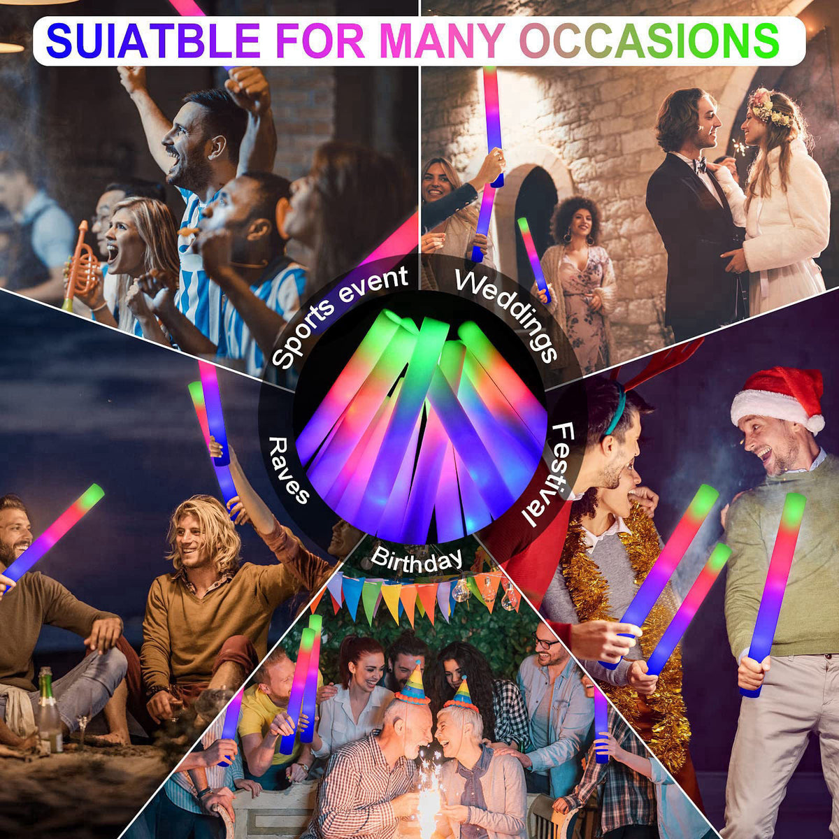 LifBetter 30 Pcs Foam Glow Sticks Bulk,Led Glow Sticks with 3 Modes Colorful Flashing,Long Life Battery Glow In The Dark