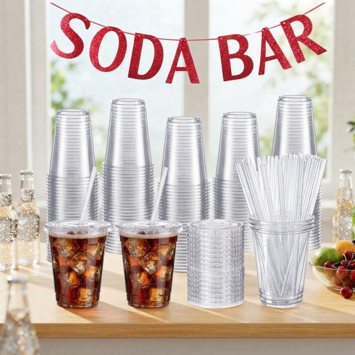 Thenshop Soda Bar Party Supplies Set 50 Set 12oz Disposable Clear Plastic Cups with Lids Straws and Soda Bar Banner Deco