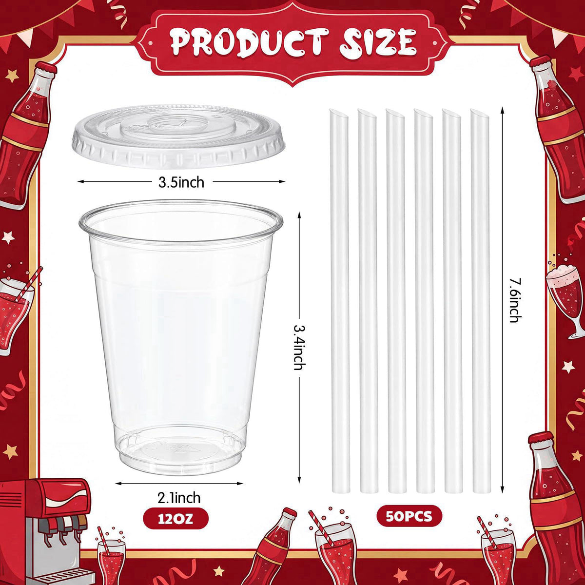 Thenshop Soda Bar Party Supplies Set 50 Set 12oz Disposable Clear Plastic Cups with Lids Straws and Soda Bar Banner Deco