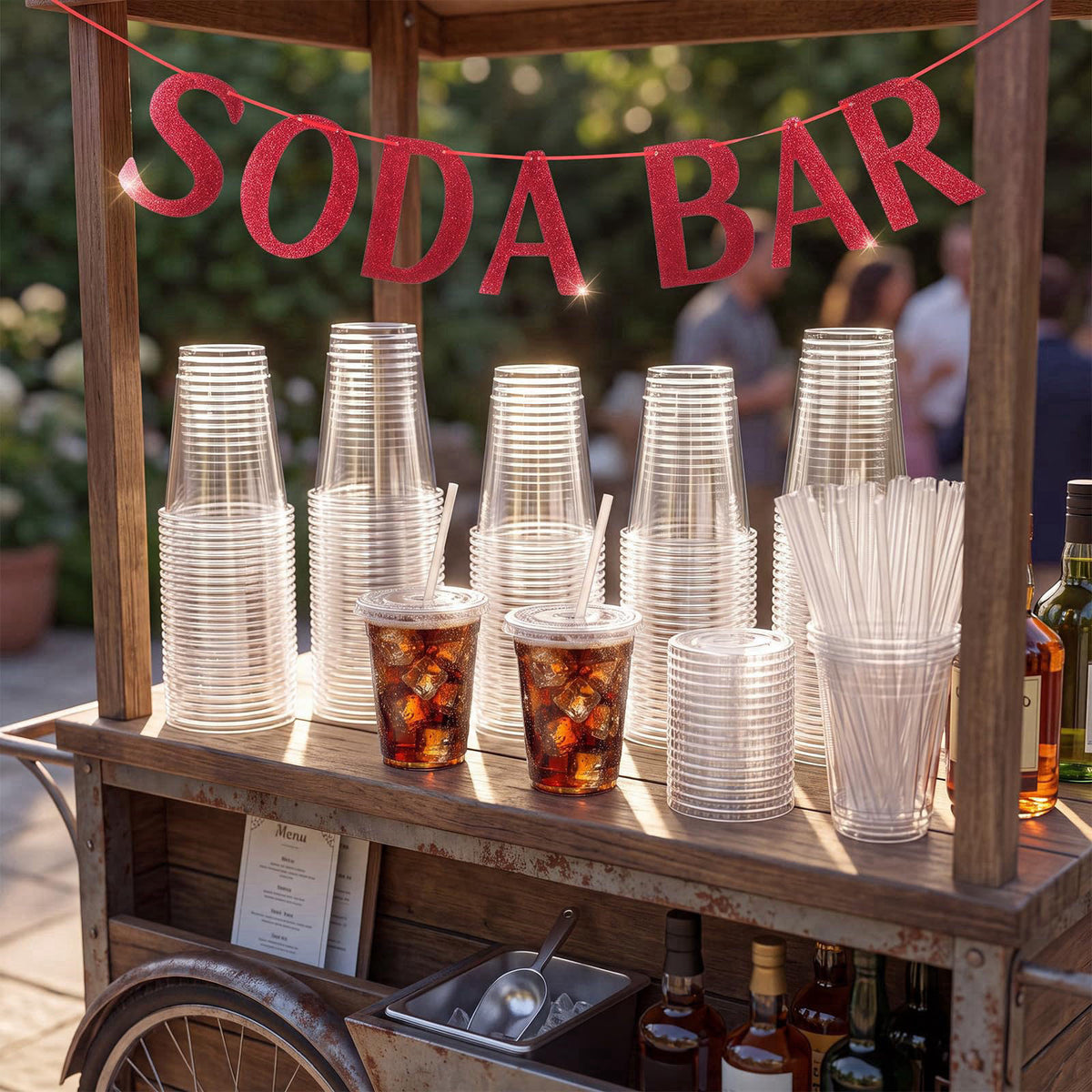 Thenshop Soda Bar Party Supplies Set 50 Set 12oz Disposable Clear Plastic Cups with Lids Straws and Soda Bar Banner Deco