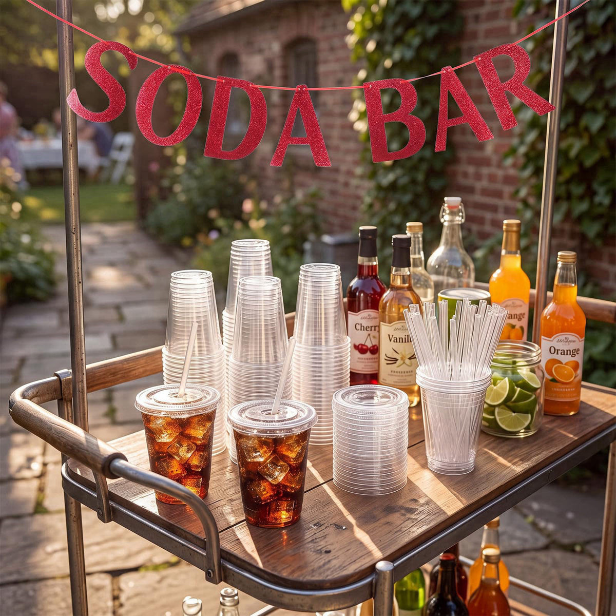 Thenshop Soda Bar Party Supplies Set 50 Set 12oz Disposable Clear Plastic Cups with Lids Straws and Soda Bar Banner Deco