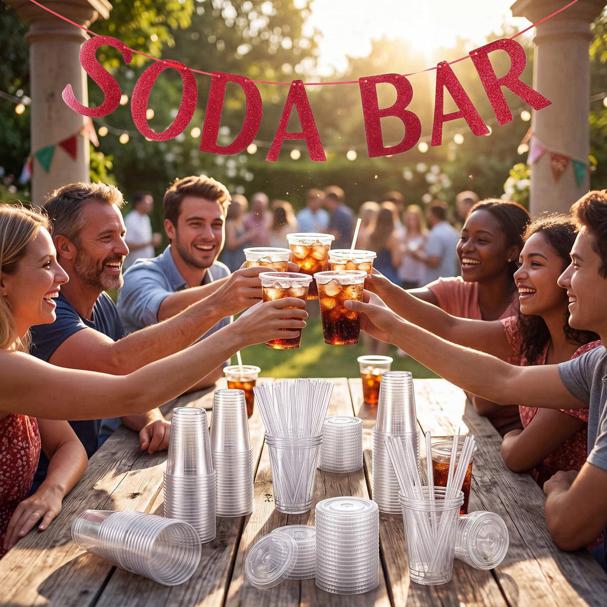 Thenshop Soda Bar Party Supplies Set 50 Set 12oz Disposable Clear Plastic Cups with Lids Straws and Soda Bar Banner Deco