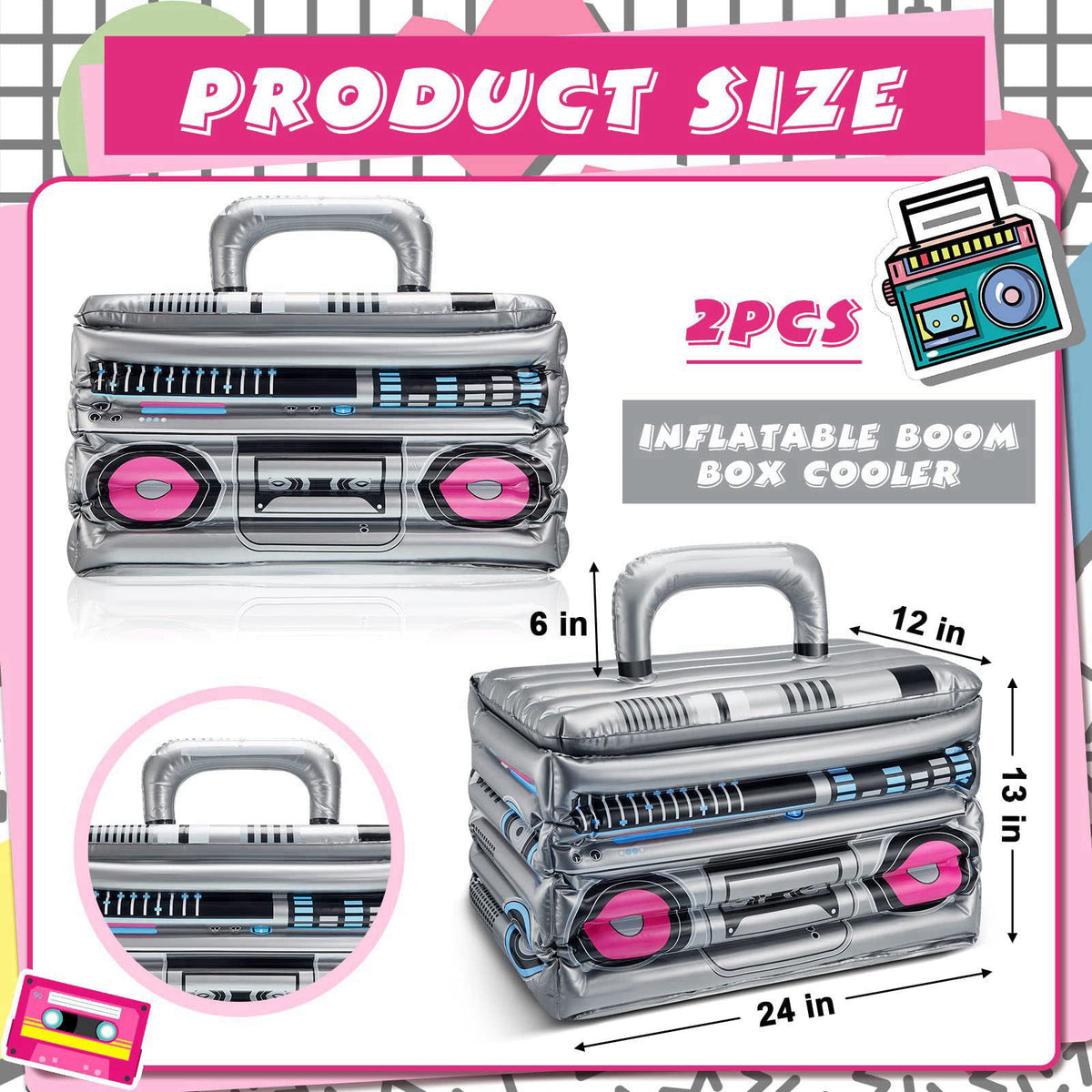 Cunhill 2 Piece Inflatable Boom Box Beverage Cooler 80s 90s Retro Hip Hop – packaging and label