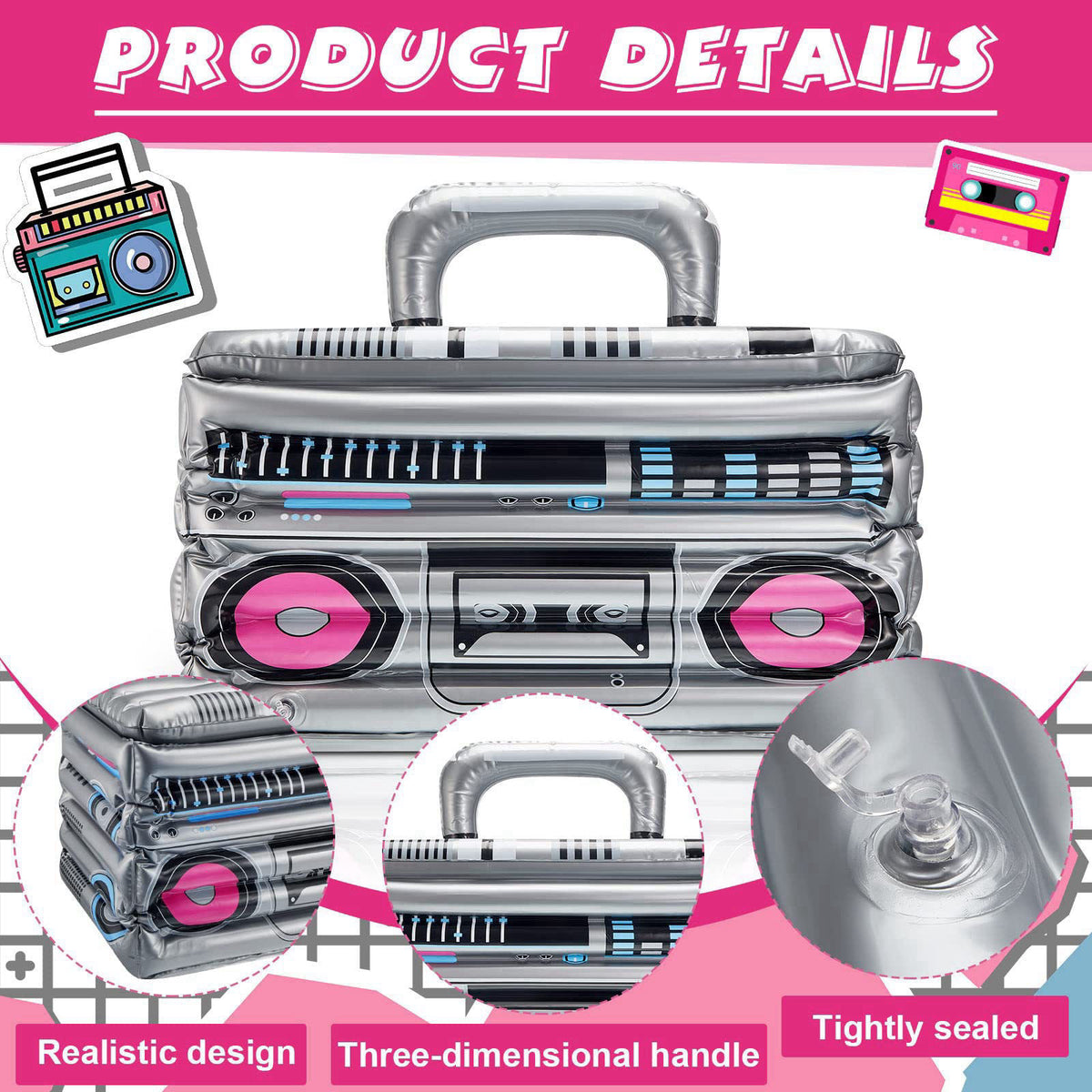 Cunhill 2 Piece Inflatable Boom Box Beverage Cooler 80s 90s Retro Hip Hop – full view, size 24 x 13 x 12"
