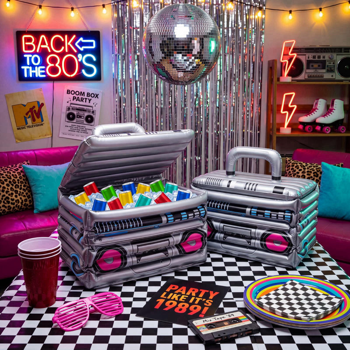 Cunhill 2 Piece Inflatable Boom Box Beverage Cooler 80s 90s Retro Hip Hop – back view and specifications
