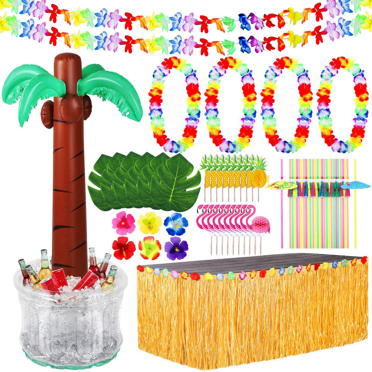 Fovths 70 Pack Tropical Luau Party Decorations, 60 Inches Inflatable Palm Tree Cooler With Luau Party Supplies for Beach