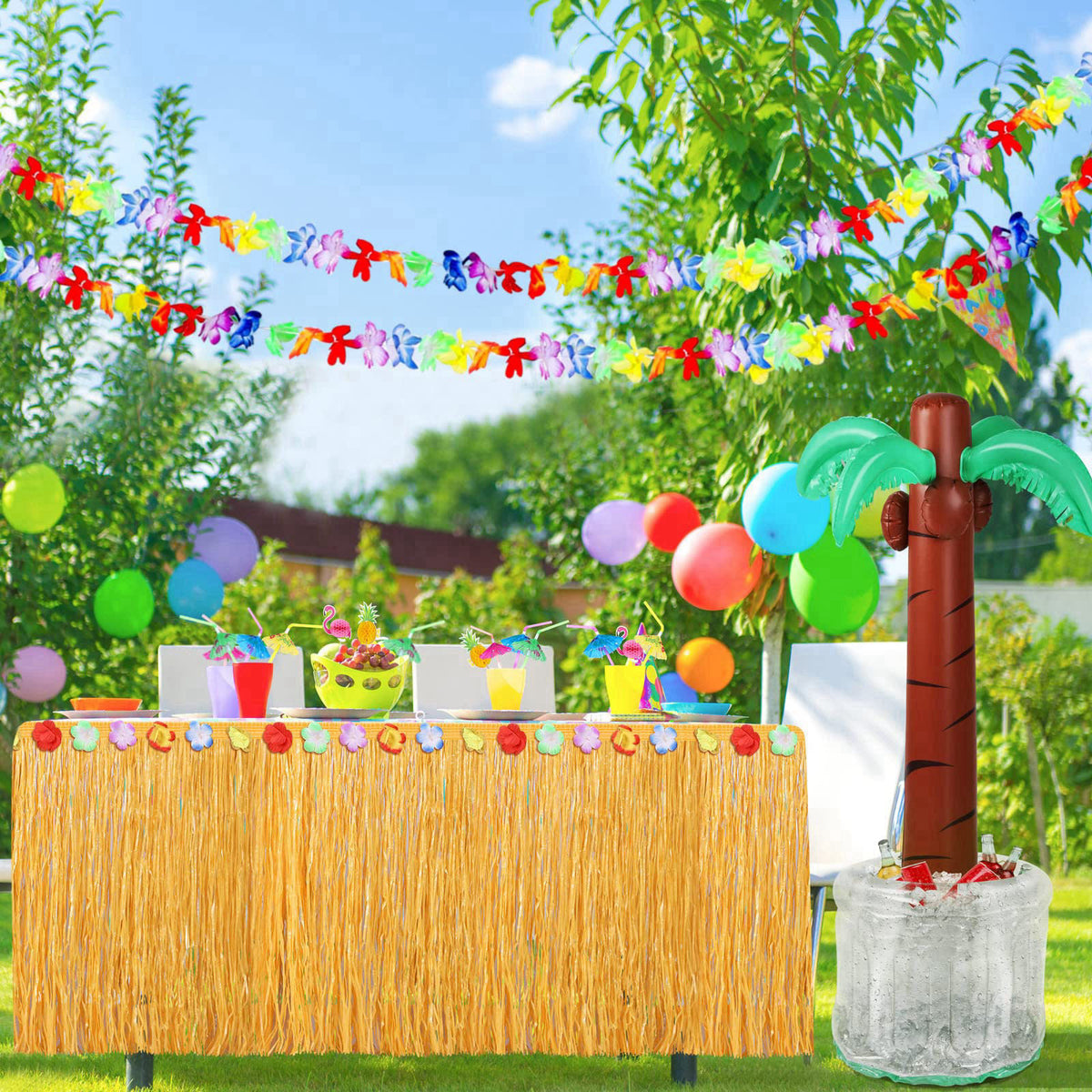 Fovths 70 Pack Tropical Luau Party Decorations, 60 Inches Inflatable Palm Tree Cooler With Luau Party Supplies for Beach