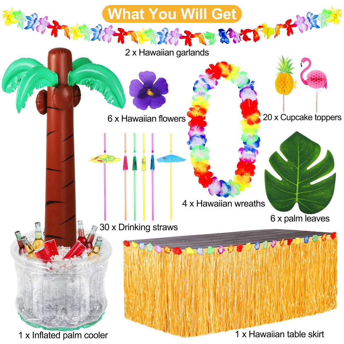 Fovths 70 Pack Tropical Luau Party Decorations, 60 Inches Inflatable Palm Tree Cooler With Luau Party Supplies for Beach