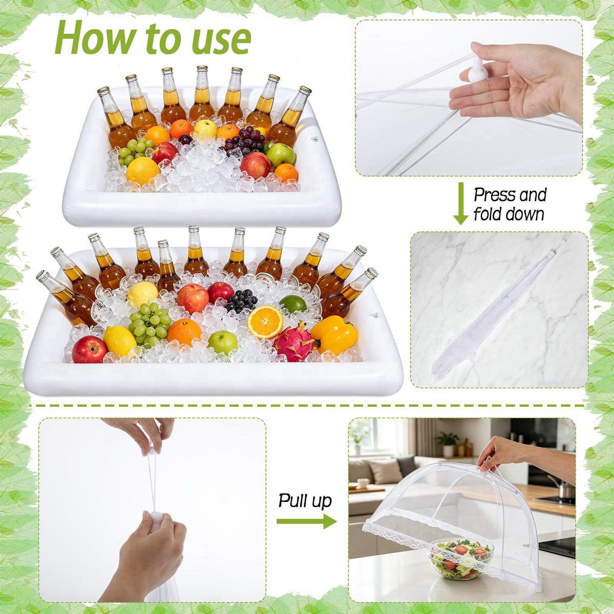Wenceda Inflatable Cooler for Parties, Serving Bar & Mesh Food Cover Set for Buffet Food Drink Outside, 2 Inflatable Coo