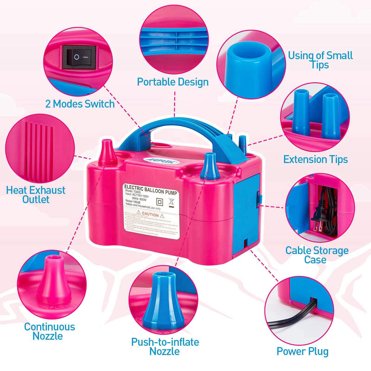 AGPTEK Electric Air Balloon Pump, Dual Nozzle Portable Balloon Inflator – close-up detail in Rose Red Green Purple Blue 