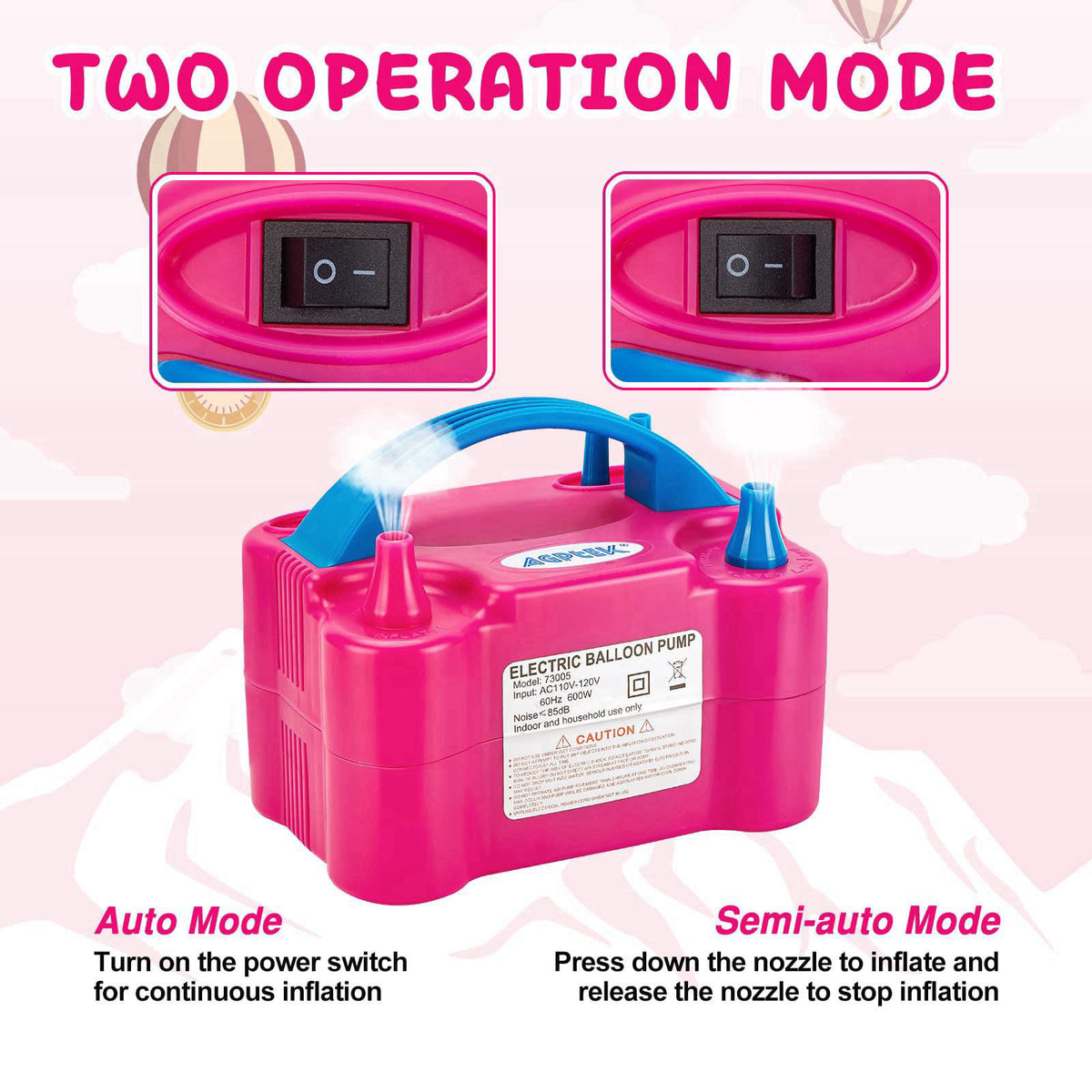 AGPTEK Electric Air Balloon Pump, Dual Nozzle Portable Balloon Inflator – back view and specifications