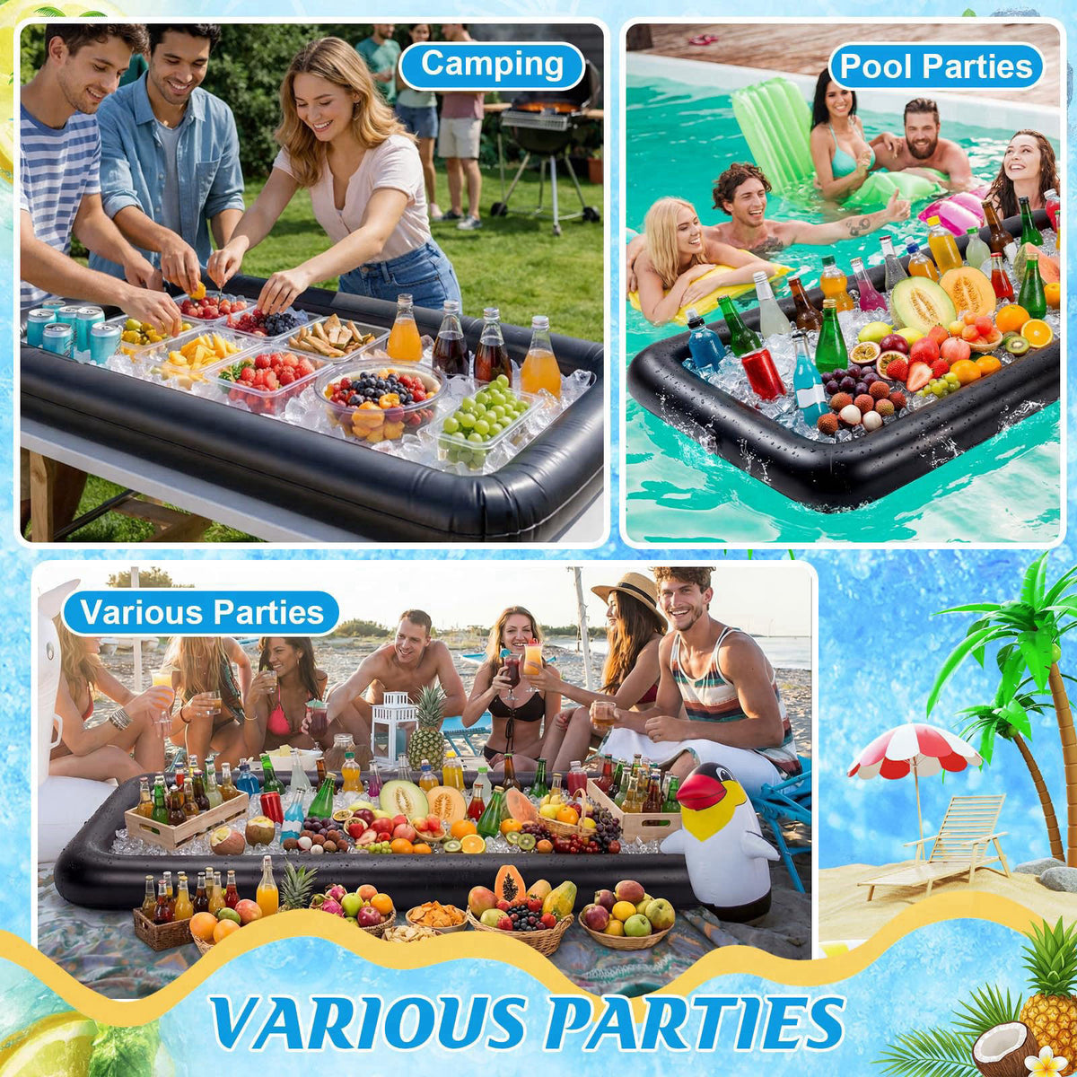 Teyva Daily 3 Pcs Large Inflatable Serving Bars with Hand Pump 71.6" x 30" x 5" Ice Buffet Salad Serving Tra