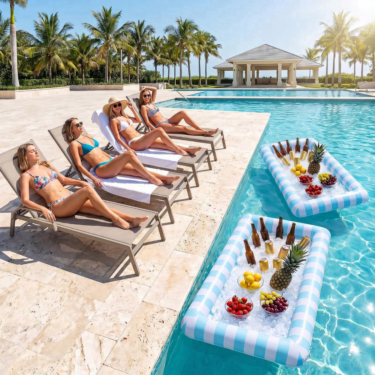 Lewtemi 4 Pcs Inflatable Serving Bars Cooler Cute Yellow Striped Ice Buffet with Drain Plug 51'' x 25'' Summer Beach Par