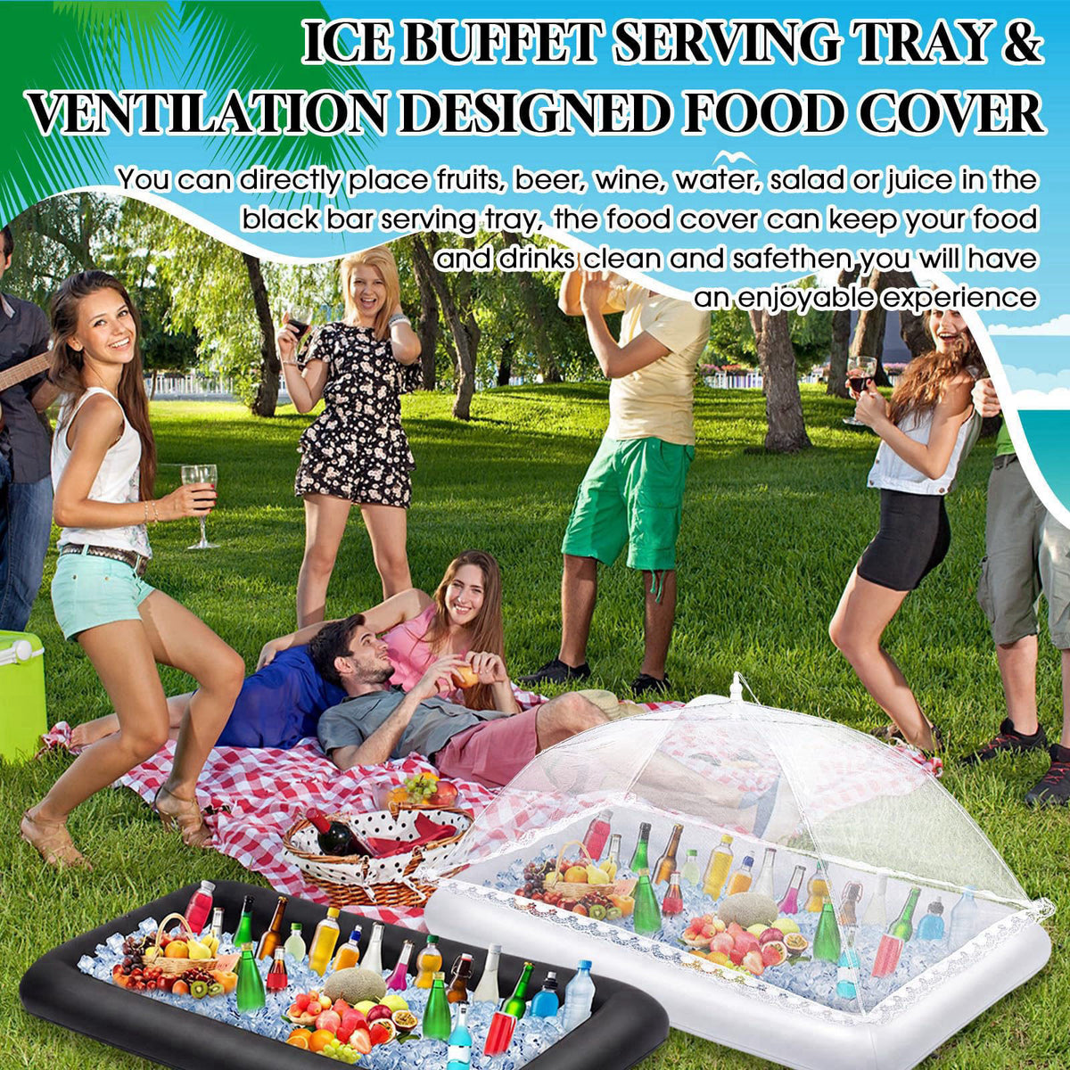 Leitee 5 Pcs Inflatable Serving Bar Kit Ice Tray Cooler, Black – back view and specifications
