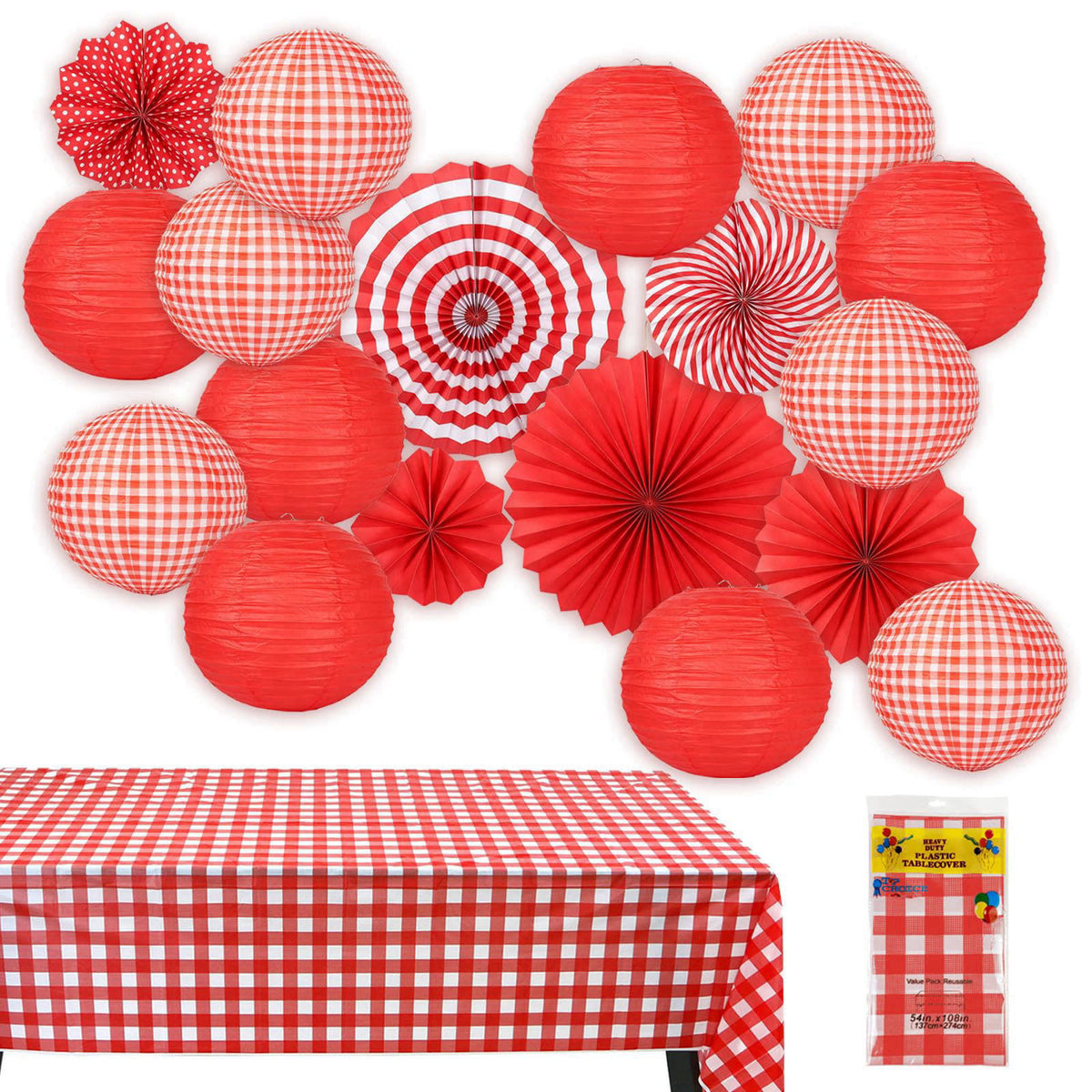 LuxDuo 12 Pcs Red and White Checkered Paper Lanterns Set with Hanging Paper Fans & Tablecloth (19Pcs Pack) | Picnic BBQ 