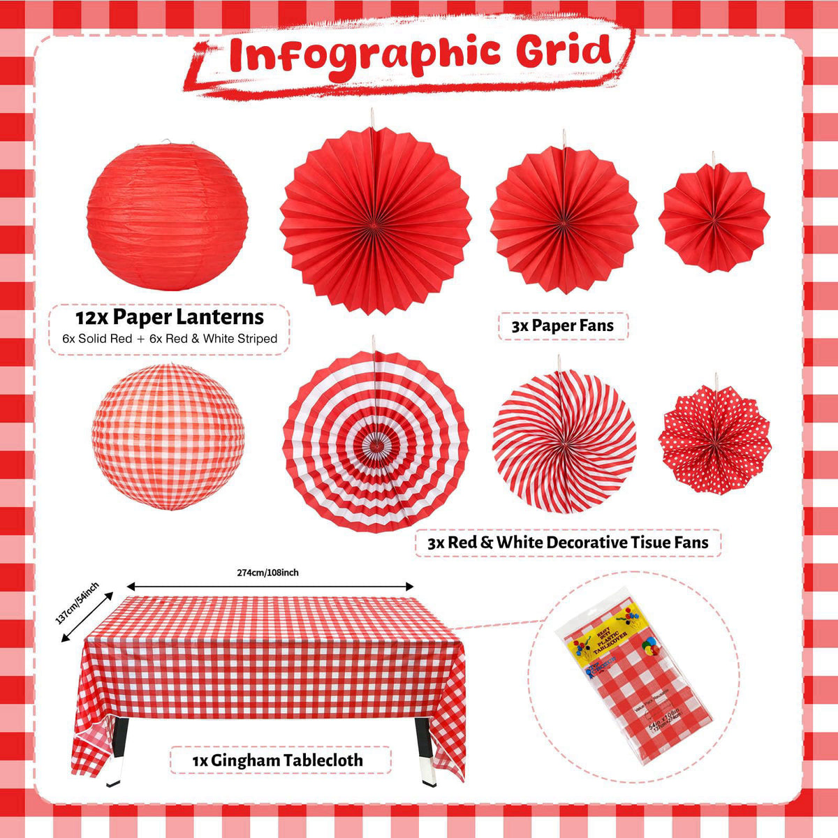 LuxDuo 12 Pcs Red and White Checkered Paper Lanterns Set with Hanging Paper Fans & Tablecloth (19Pcs Pack) | Picnic BBQ 