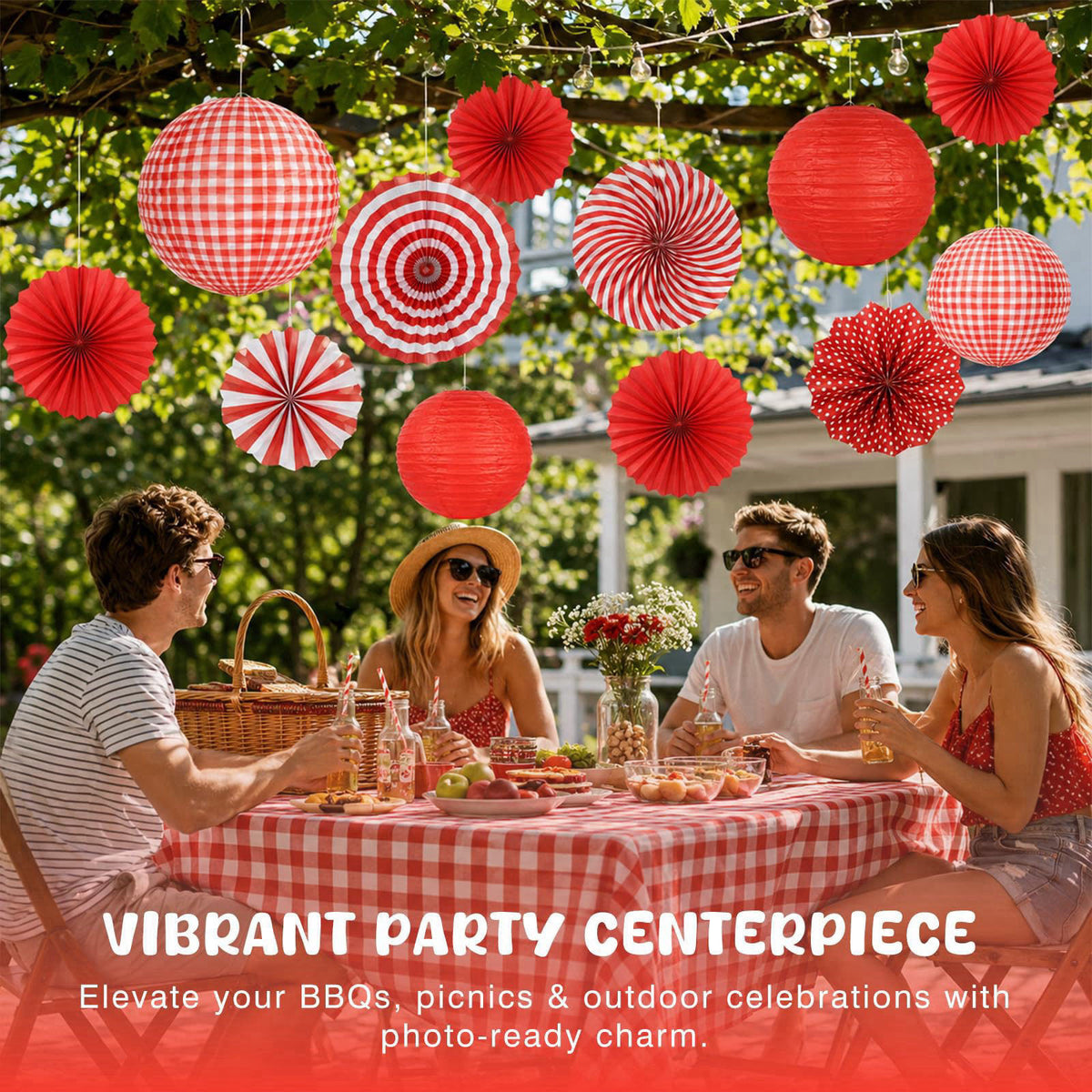 LuxDuo 12 Pcs Red and White Checkered Paper Lanterns Set with Hanging Paper Fans & Tablecloth (19Pcs Pack) | Picnic BBQ 
