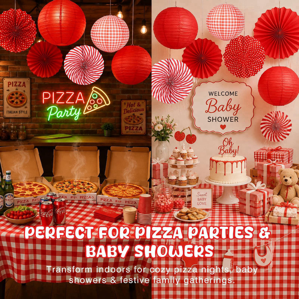 LuxDuo 12 Pcs Red and White Checkered Paper Lanterns Set with Hanging Paper Fans & Tablecloth (19Pcs Pack) | Picnic BBQ 