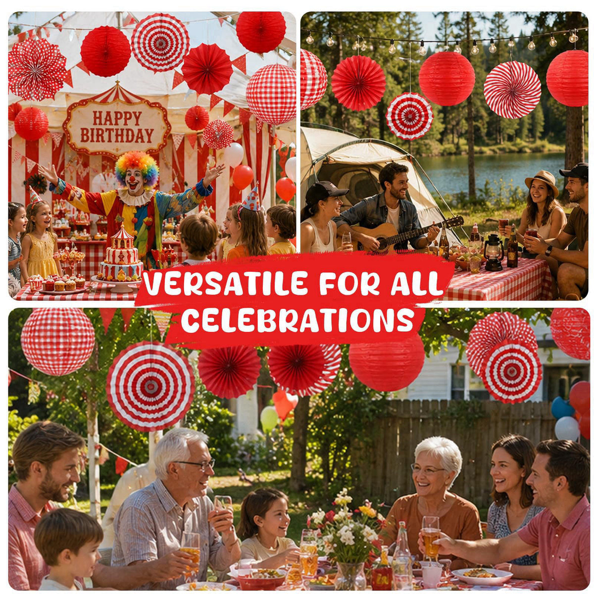 LuxDuo 12 Pcs Red and White Checkered Paper Lanterns Set with Hanging Paper Fans & Tablecloth (19Pcs Pack) | Picnic BBQ 