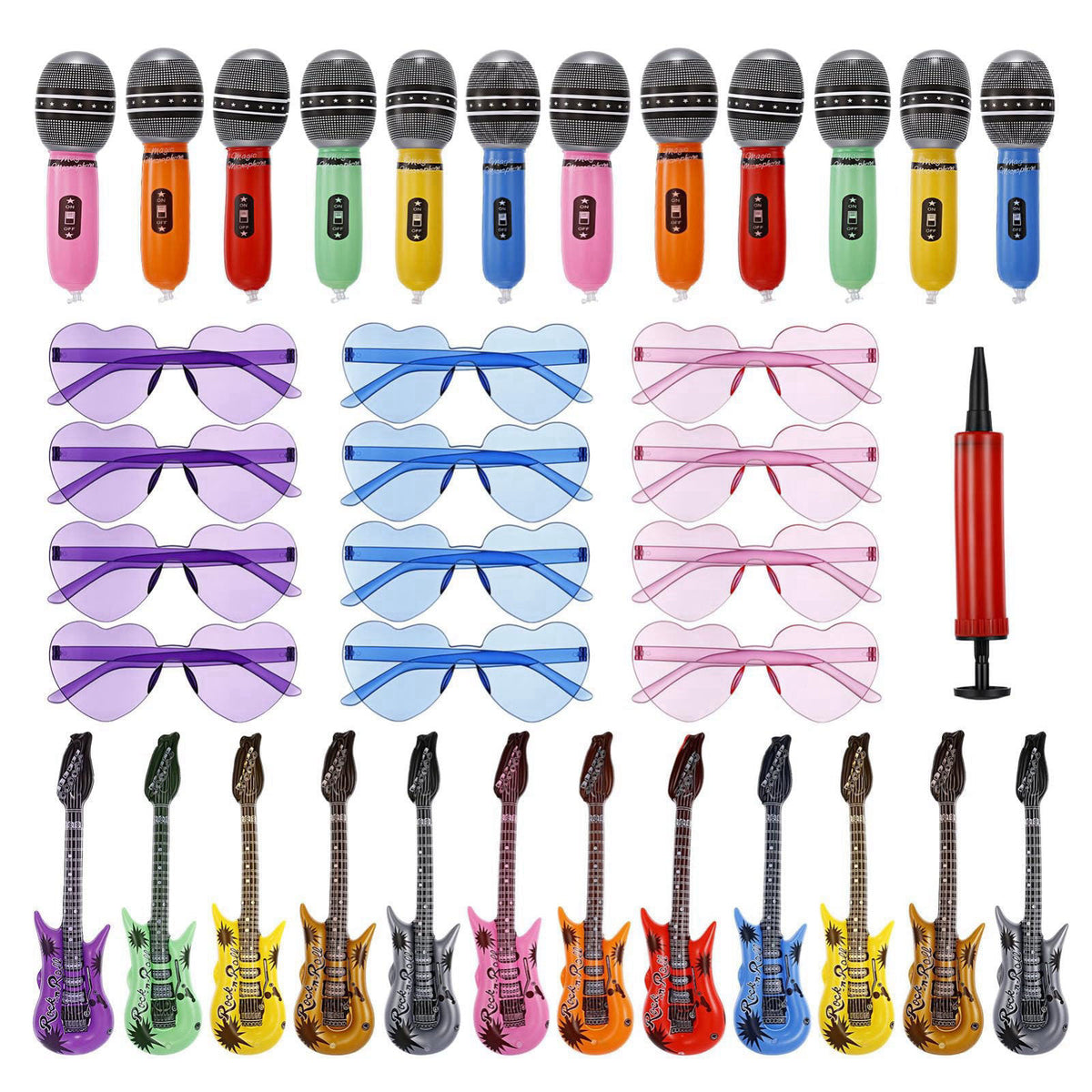 Rosvola 37 Pcs Inflatable Toy Set, Include 12 Microphones Inflatable Guitars 12 Colorful Heart Shaped Sunglasses and 1 I