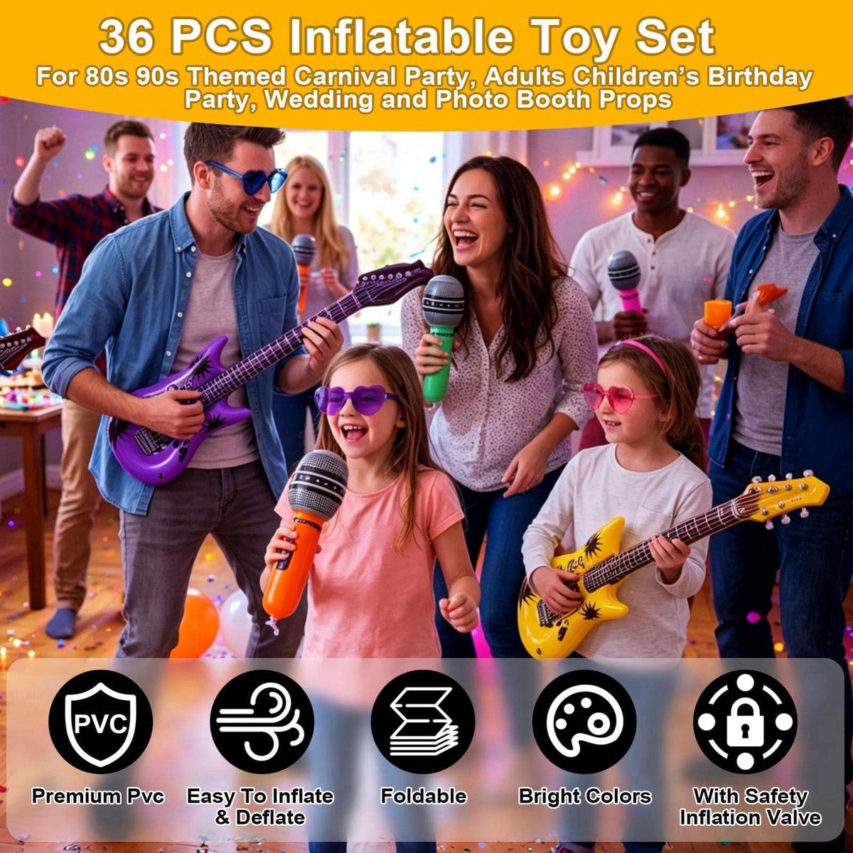 Rosvola 37 Pcs Inflatable Toy Set, Include 12 Microphones Inflatable Guitars 12 Colorful Heart Shaped Sunglasses and 1 I