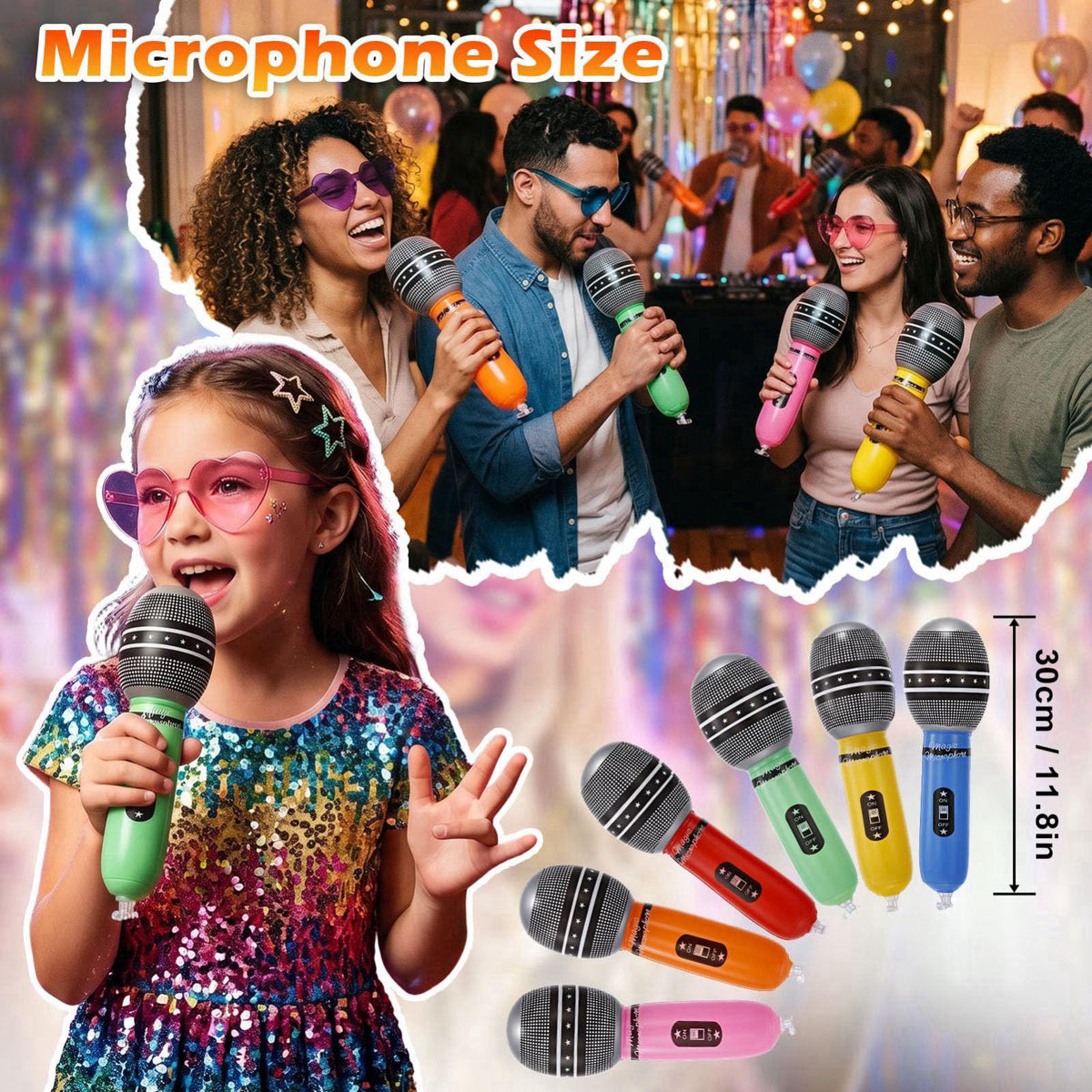 Rosvola 37 Pcs Inflatable Toy Set, Include 12 Microphones Inflatable Guitars 12 Colorful Heart Shaped Sunglasses and 1 I