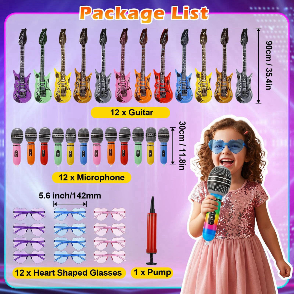 Rosvola 37 Pcs Inflatable Toy Set, Include 12 Microphones Inflatable Guitars 12 Colorful Heart Shaped Sunglasses and 1 I