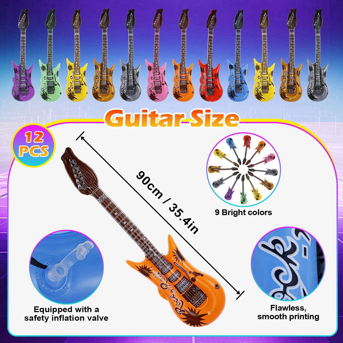 Rosvola 37 Pcs Inflatable Toy Set, Include 12 Microphones Inflatable Guitars 12 Colorful Heart Shaped Sunglasses and 1 I
