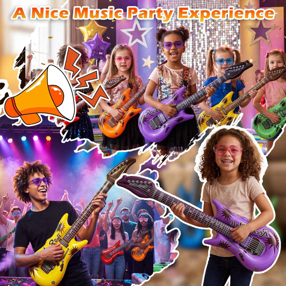 Rosvola 37 Pcs Inflatable Toy Set, Include 12 Microphones Inflatable Guitars 12 Colorful Heart Shaped Sunglasses and 1 I