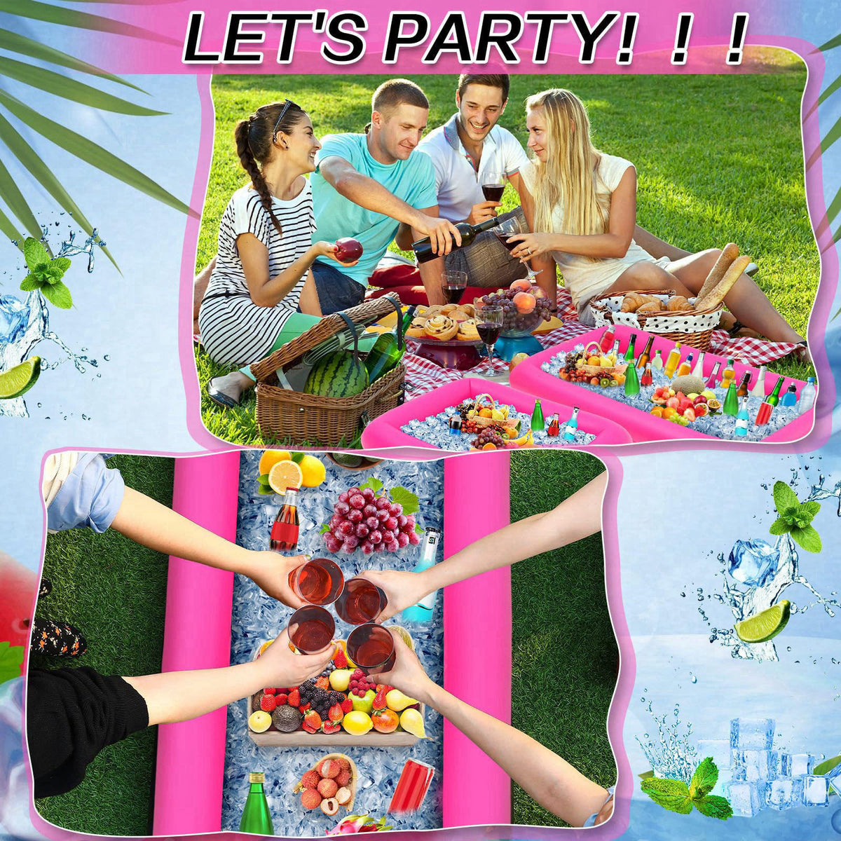 Leitee 4 Pcs Inflatable Serving Bar Drink Cooler Ice Tray for Food,Blue – packaging and label