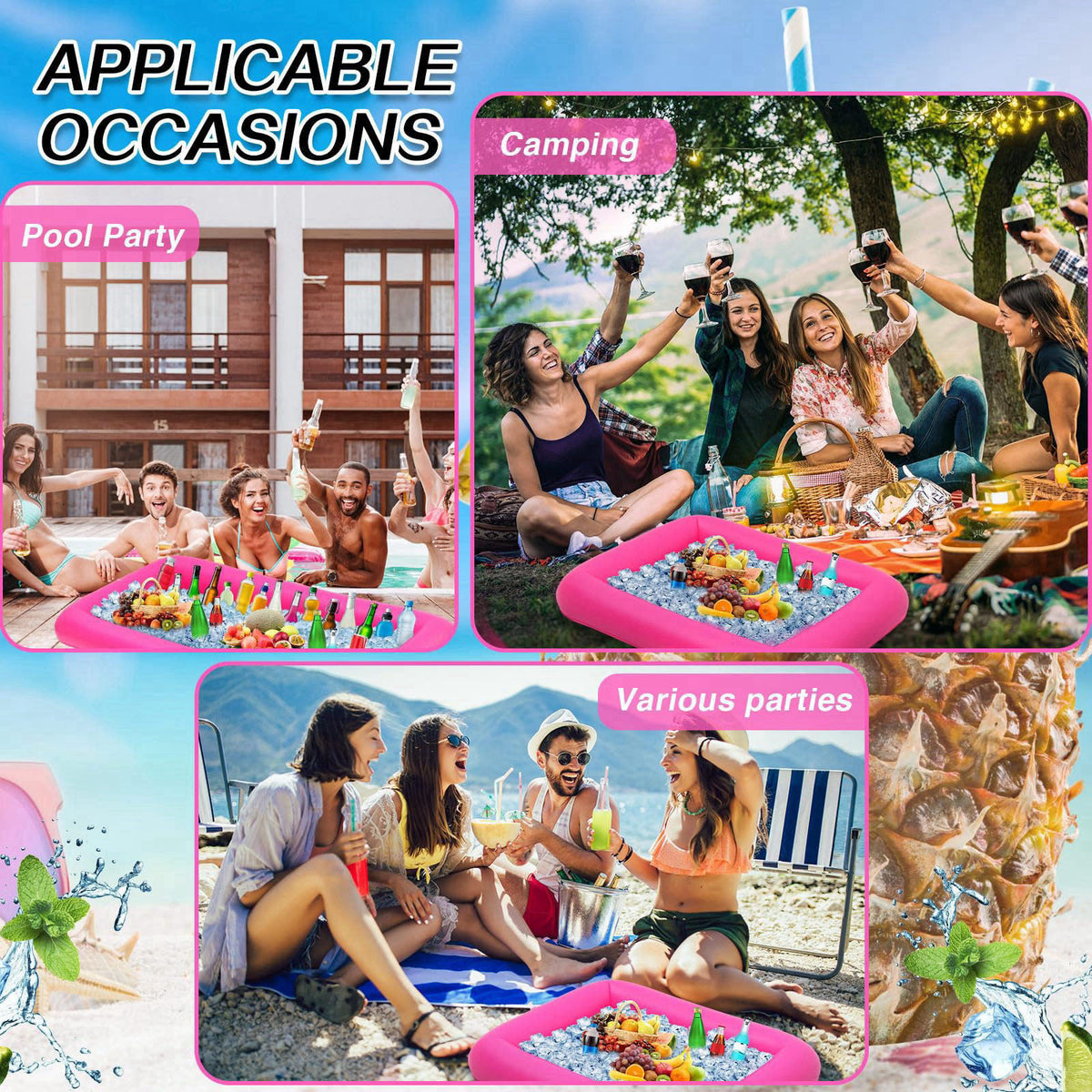 Leitee 4 Pcs Inflatable Serving Bar Drink Cooler Ice Tray for Food,Blue – full view