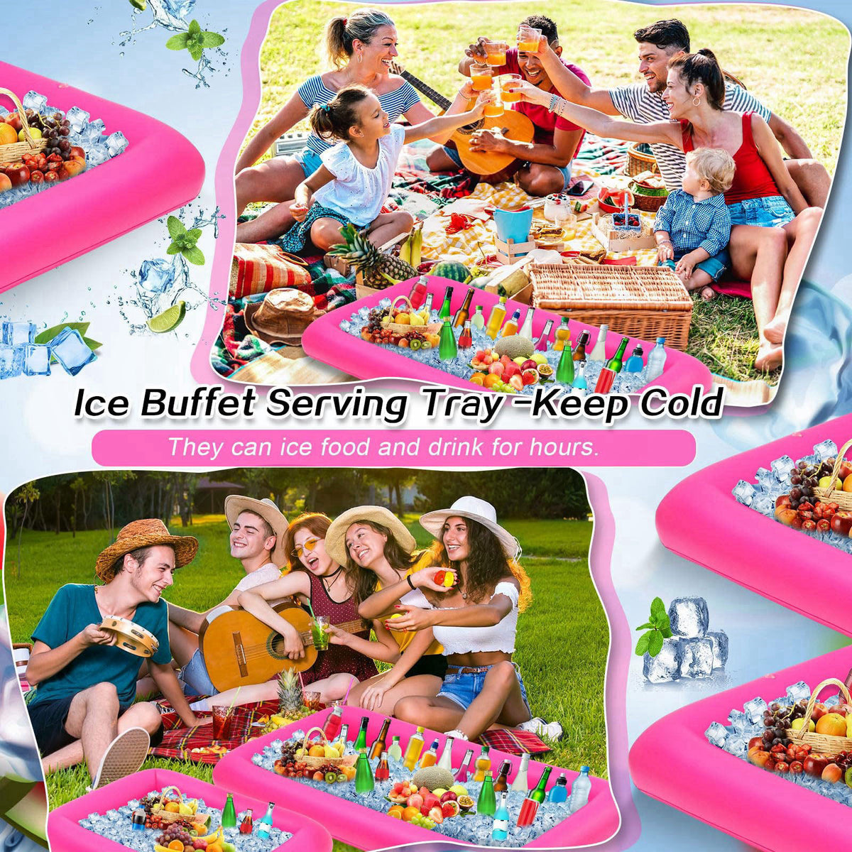 Leitee 4 Pcs Inflatable Serving Bar Drink Cooler Ice Tray for Food,Blue – back view and specifications