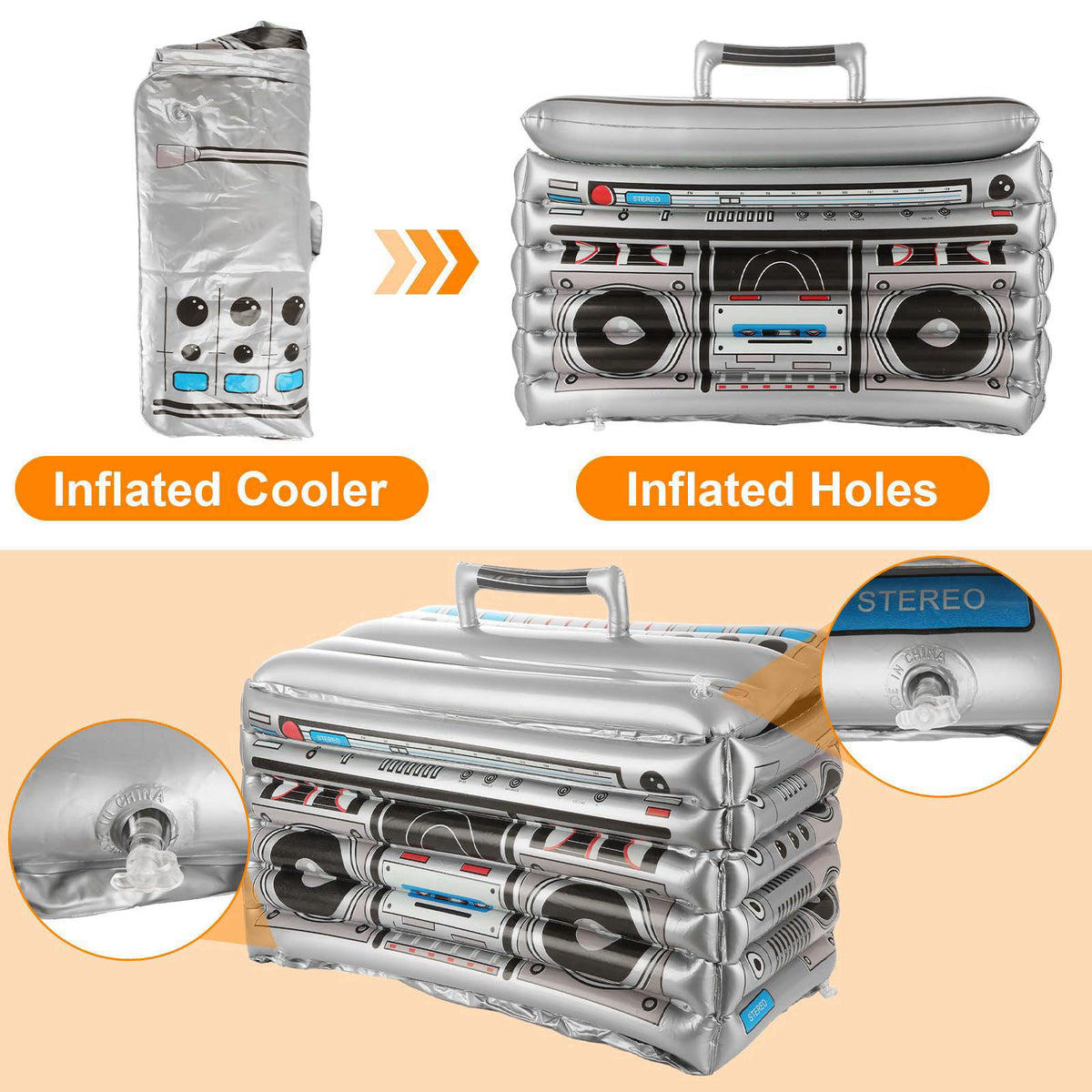 LOLYSIC 2 Pack Inflatable Boombox Cooler, 80s/90s Style Inflatable Boom Box Cooler Decoration, Drink Containers, Beverag