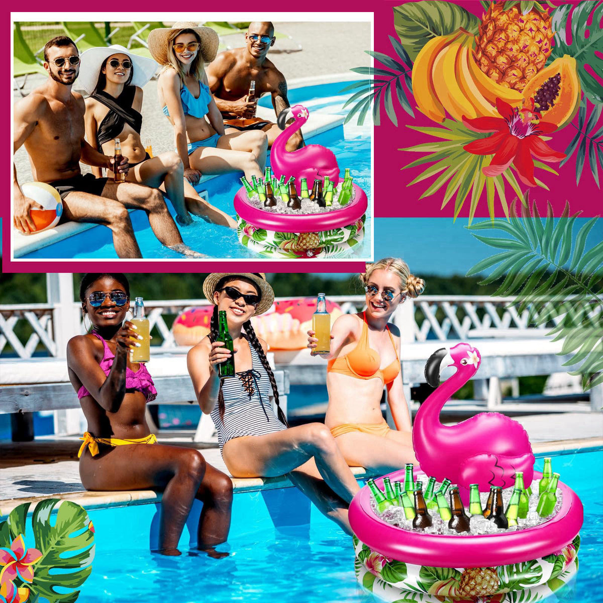 Bencailor Summer Flamingo Party Decoration Inflatable Blow up Drink Cooler – close-up detail in Rose Red Flamingo