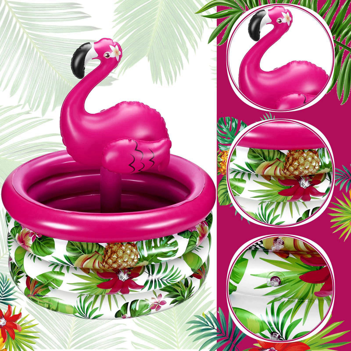 Bencailor Summer Flamingo Party Decoration Inflatable Blow up Drink Cooler – back view and specifications